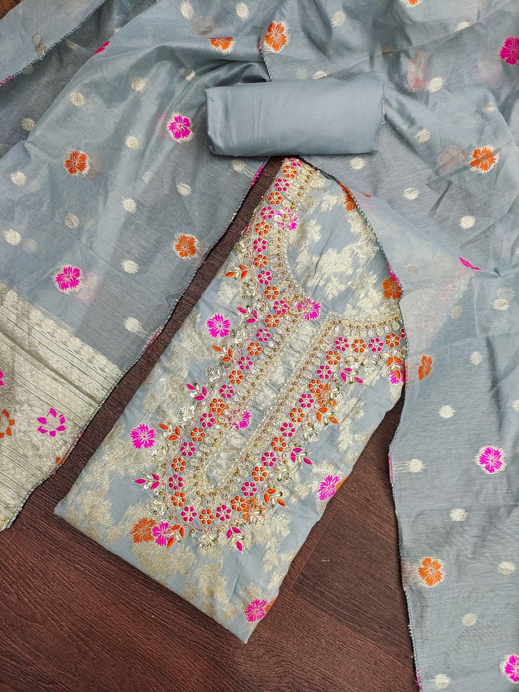 Grey Floral Handwork Banarasi Cotton Straight Suit
