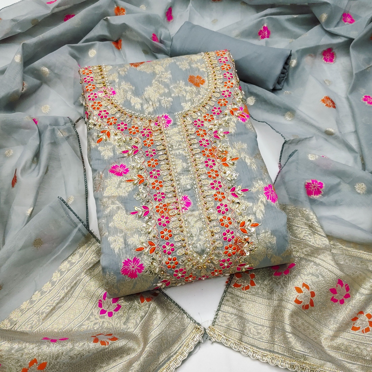 Grey Floral Handwork Banarasi Cotton Straight Suit