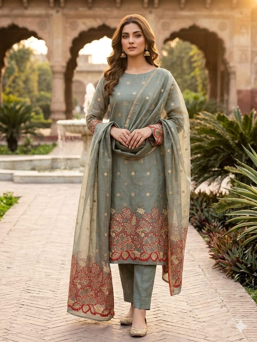 Grey Floral Jamdani Jacquard Silk Straight Pant Suit