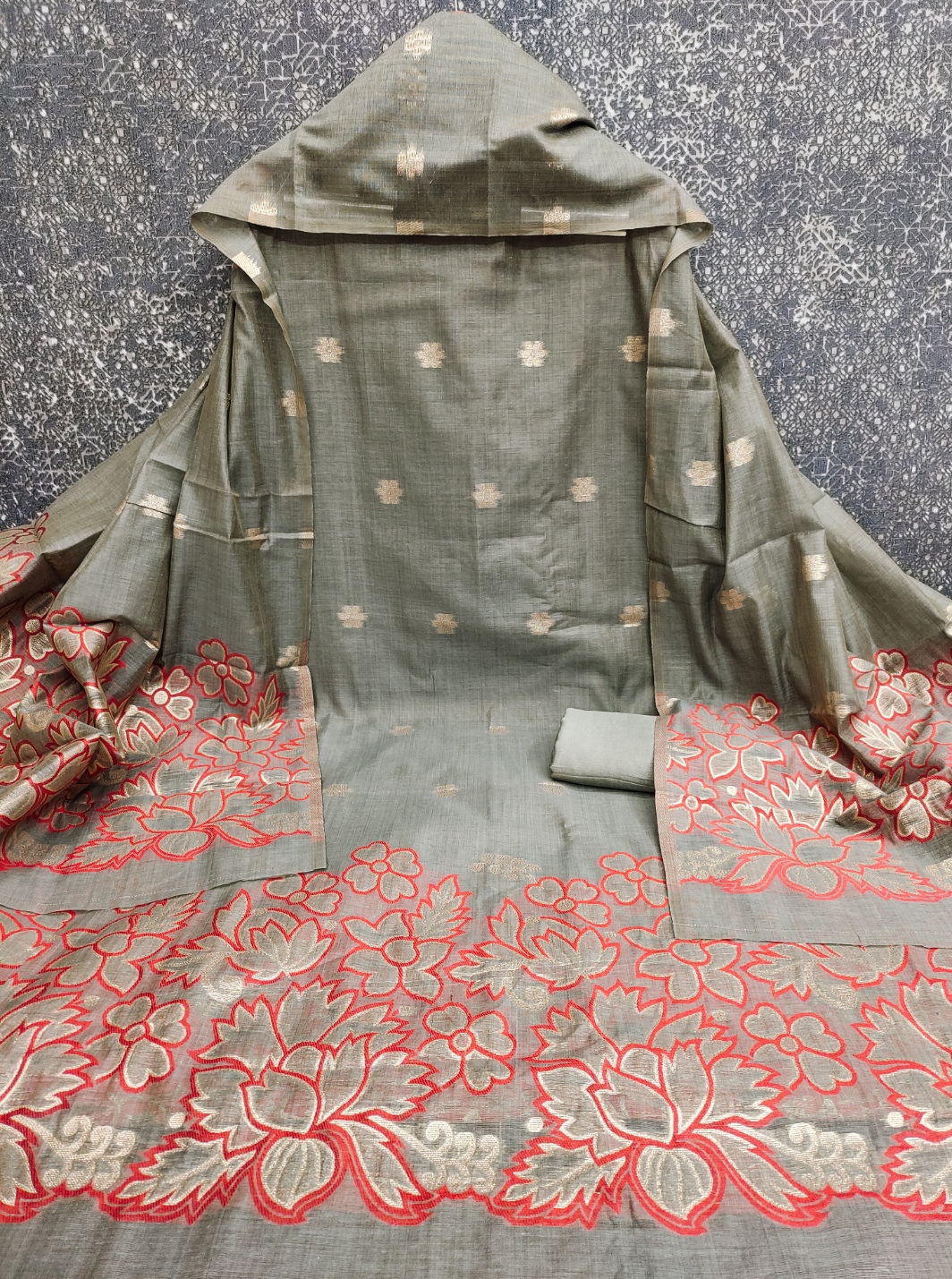 Grey Floral Jamdani Jacquard Silk Straight Pant Suit