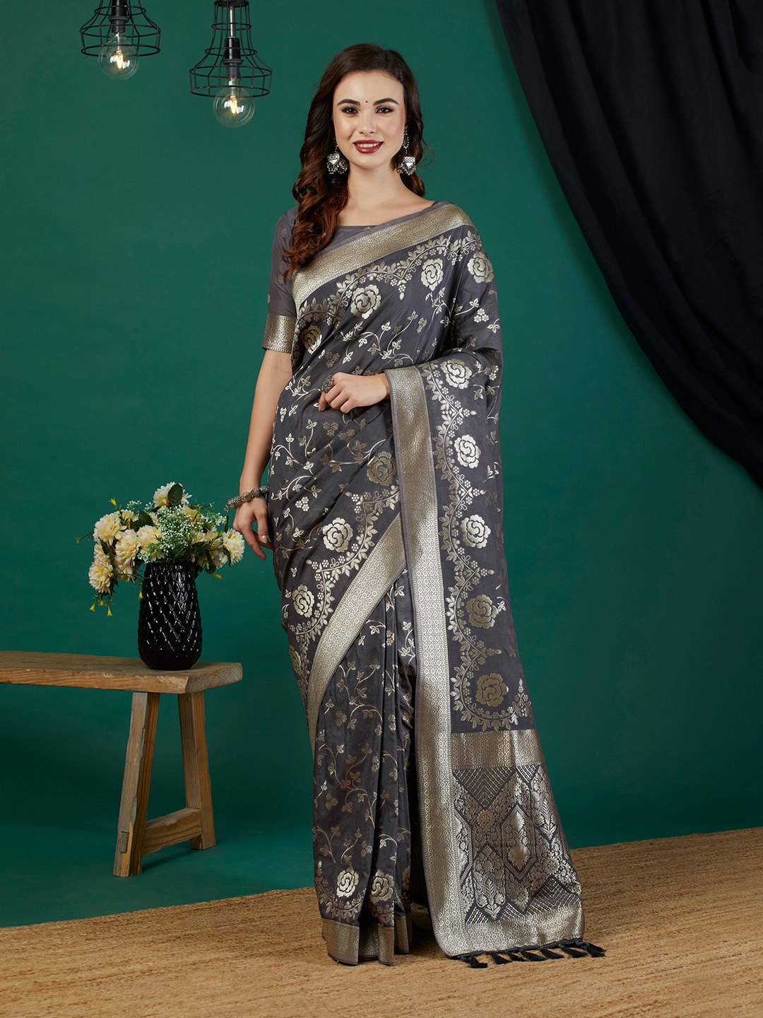 Grey Floral Jari Weaving Crepe Silk Saree