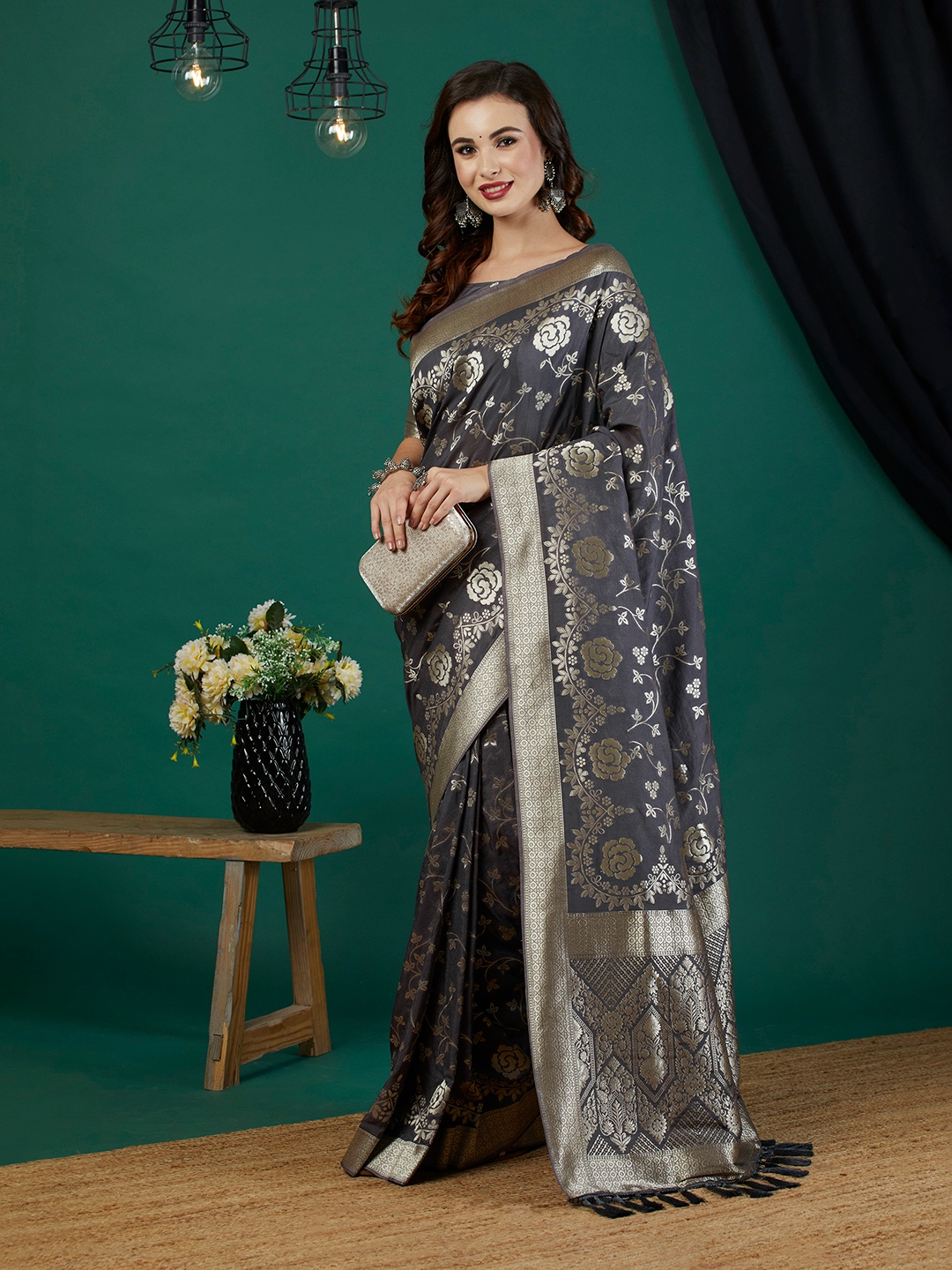 Grey Floral Jari Weaving Crepe Silk Saree