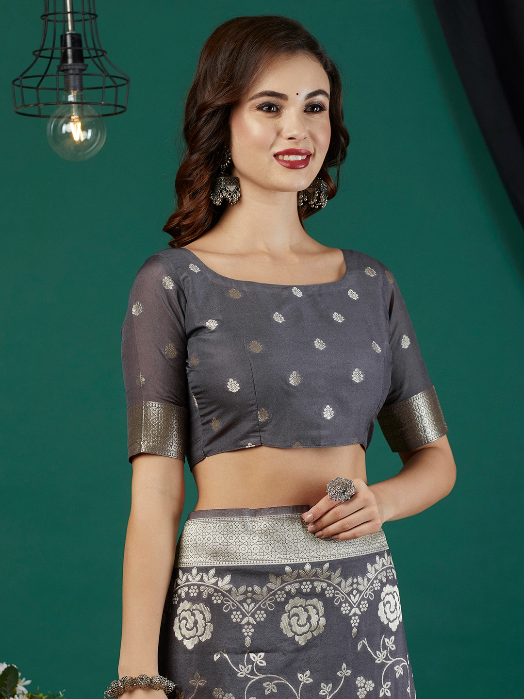 Grey Floral Jari Weaving Crepe Silk Saree