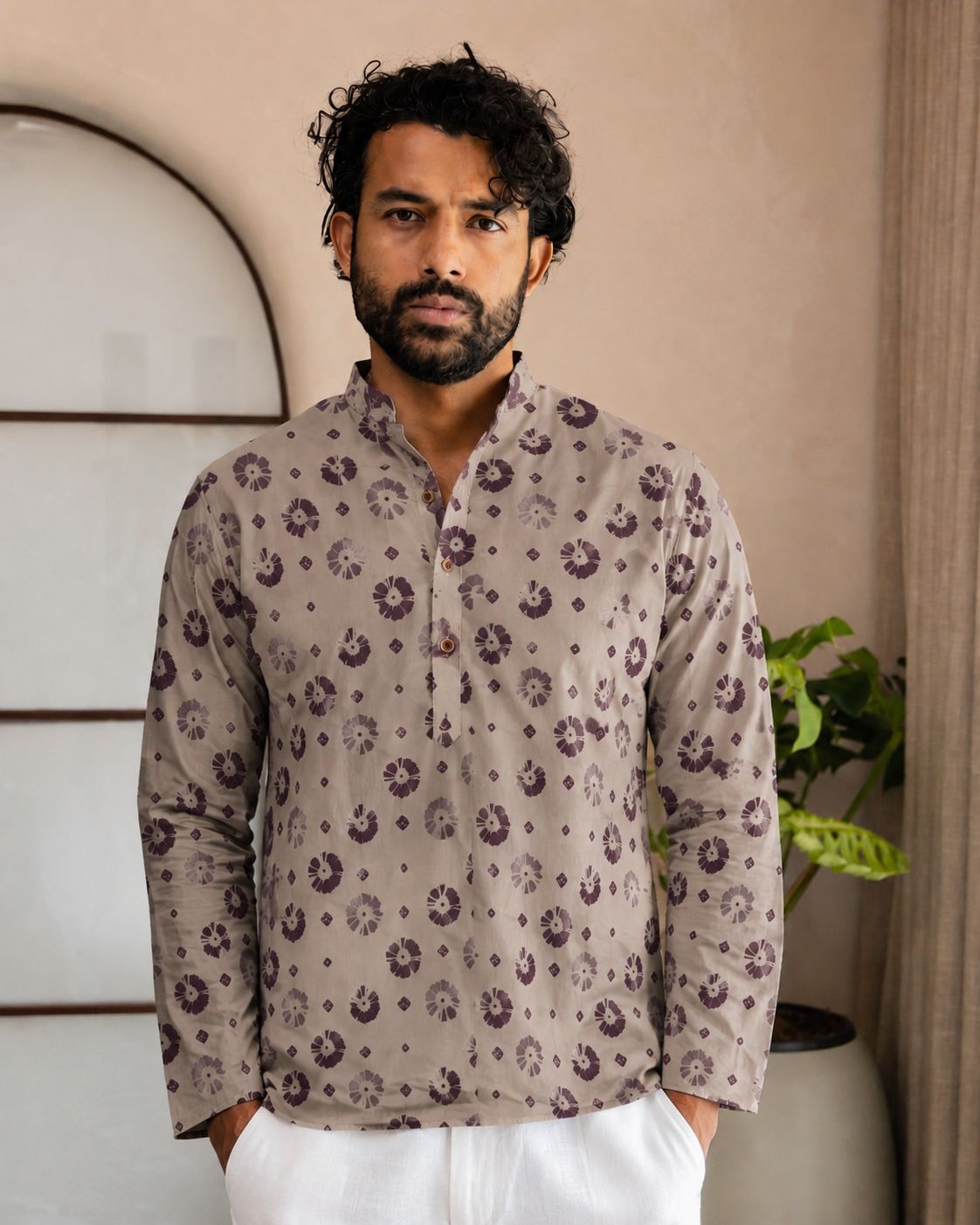 Grey Floral Motif Designer Printed Linen Short Kurta