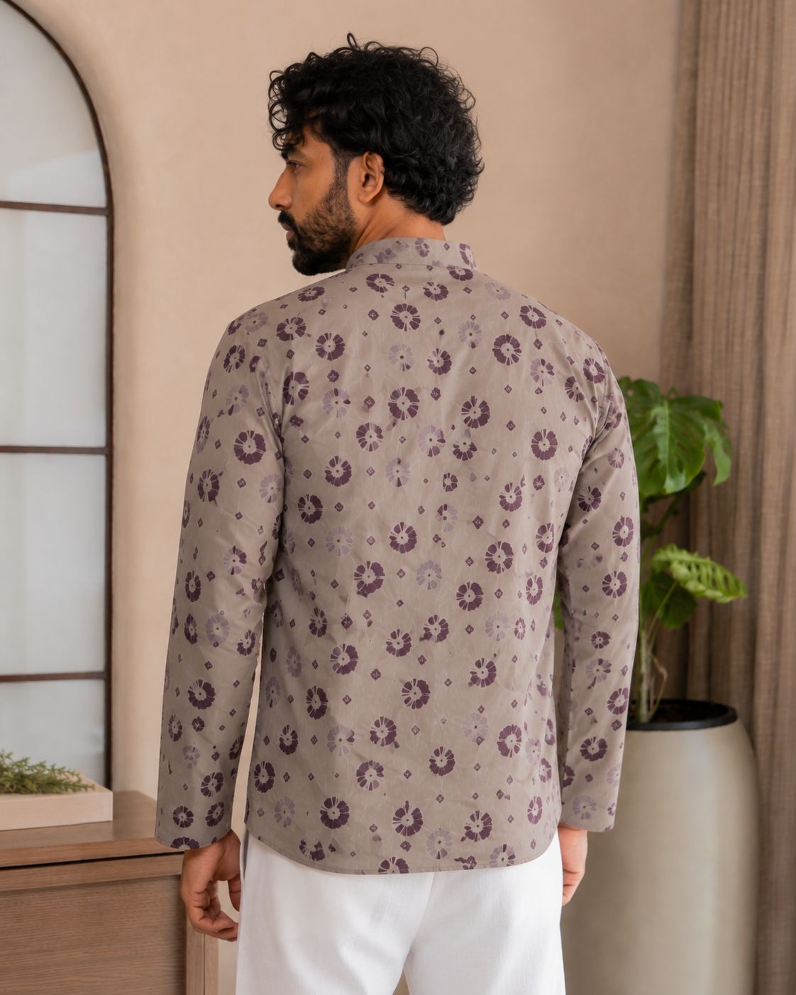 Grey Floral Motif Designer Printed Linen Short Kurta — alternate view