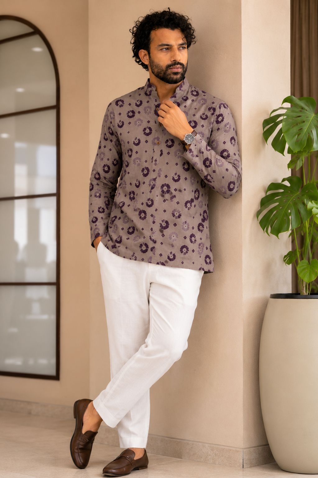 Grey Floral Motif Designer Printed Linen Short Kurta