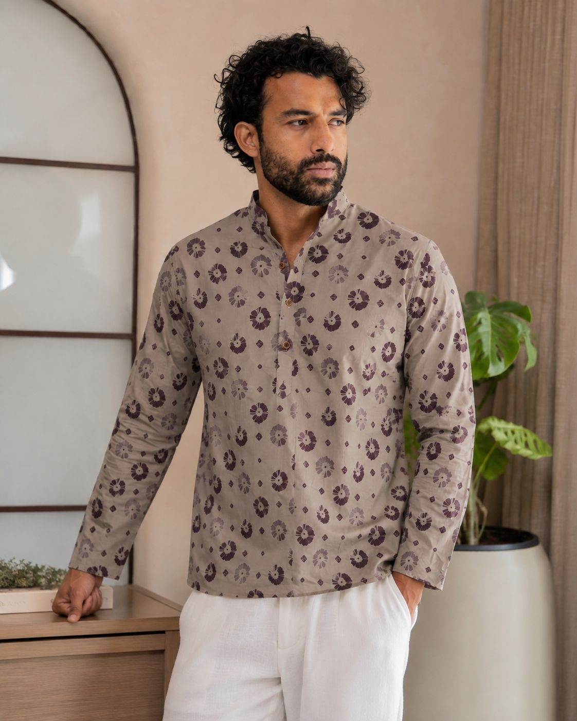 Grey Floral Motif Designer Printed Linen Short Kurta