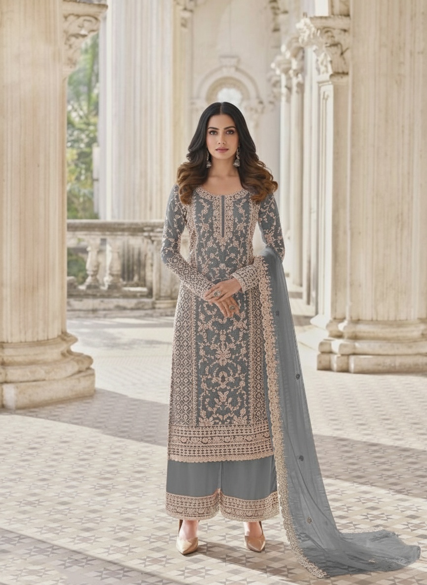 Grey Floral Net Palazzo Suit — alternate view