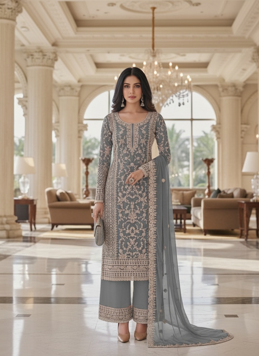 Grey Floral Net Palazzo Suit