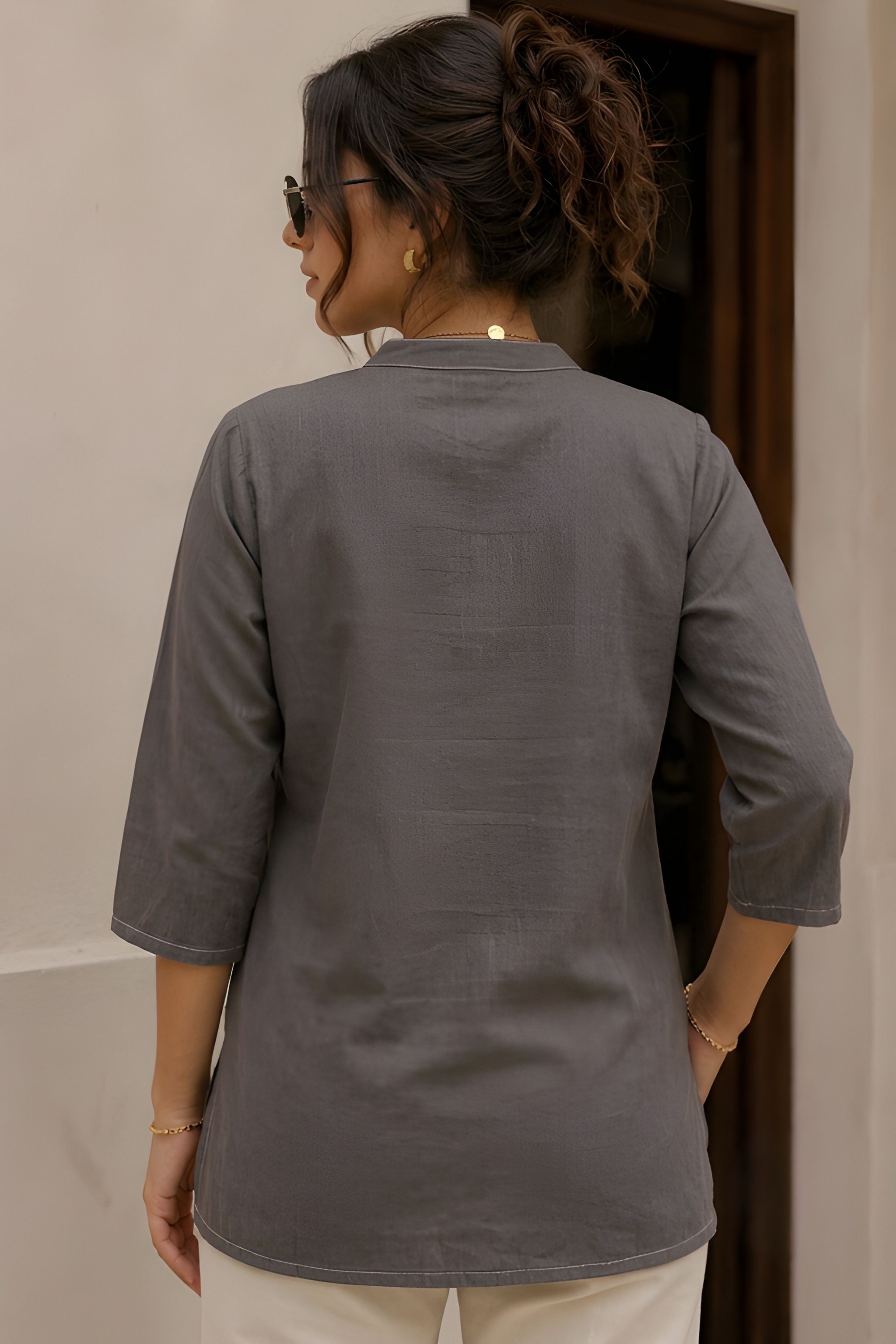 Grey Floral Printed Cotton Short Kurti — alternate view