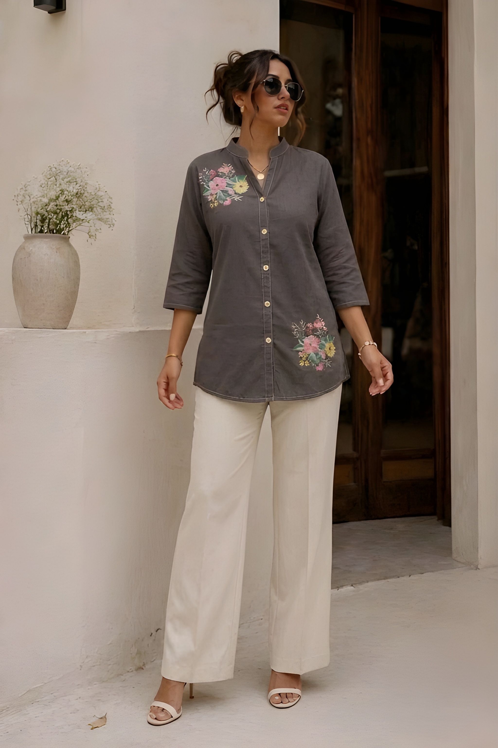 Grey Floral Printed Cotton Short Kurti