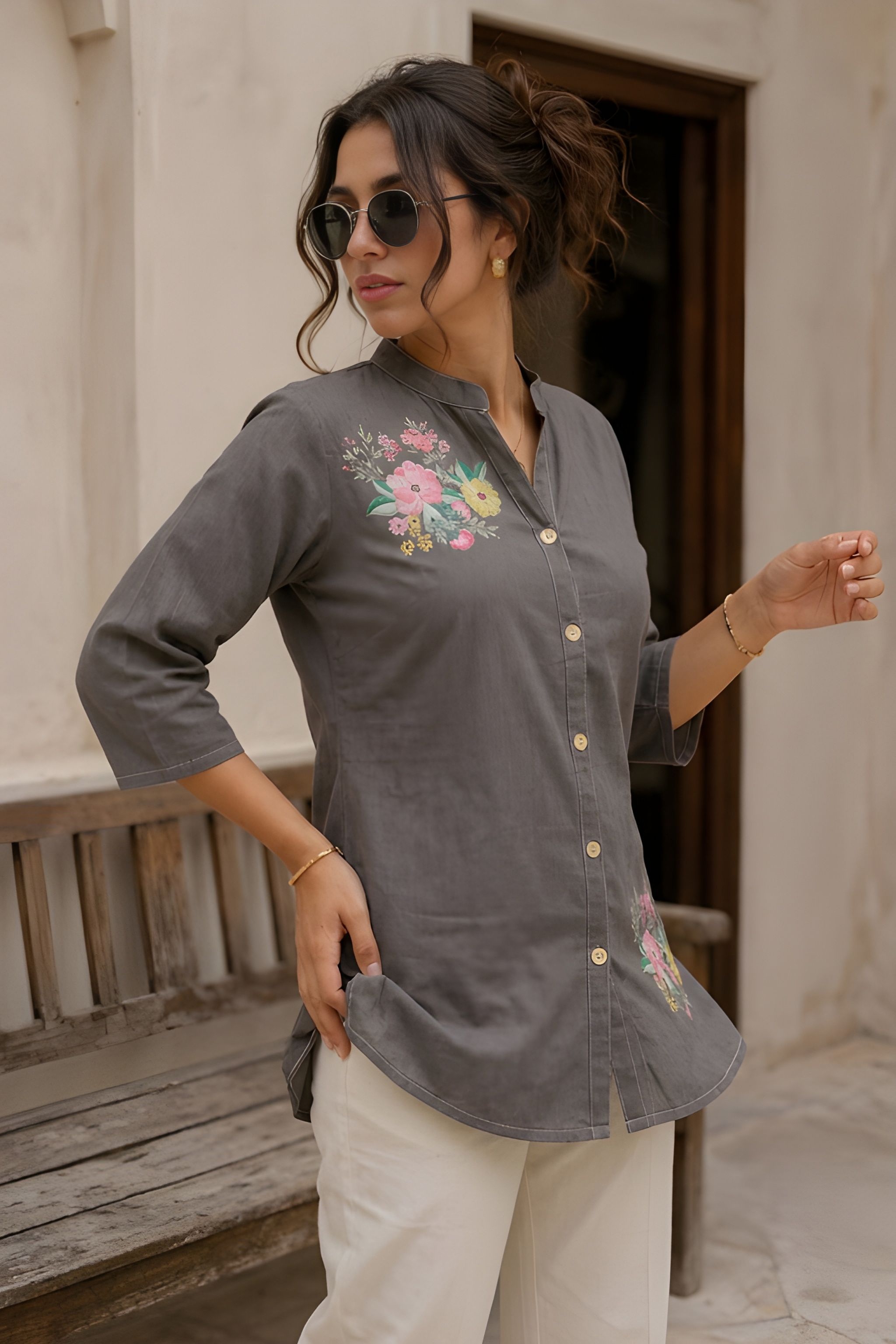 Grey Floral Printed Cotton Short Kurti