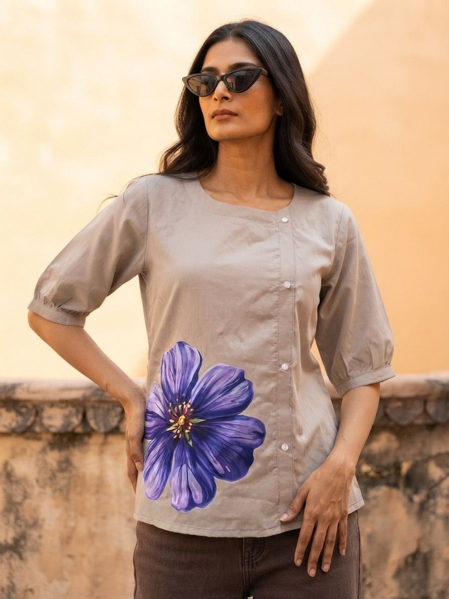 Grey Floral Printed Cotton Slub Short Tunic Top