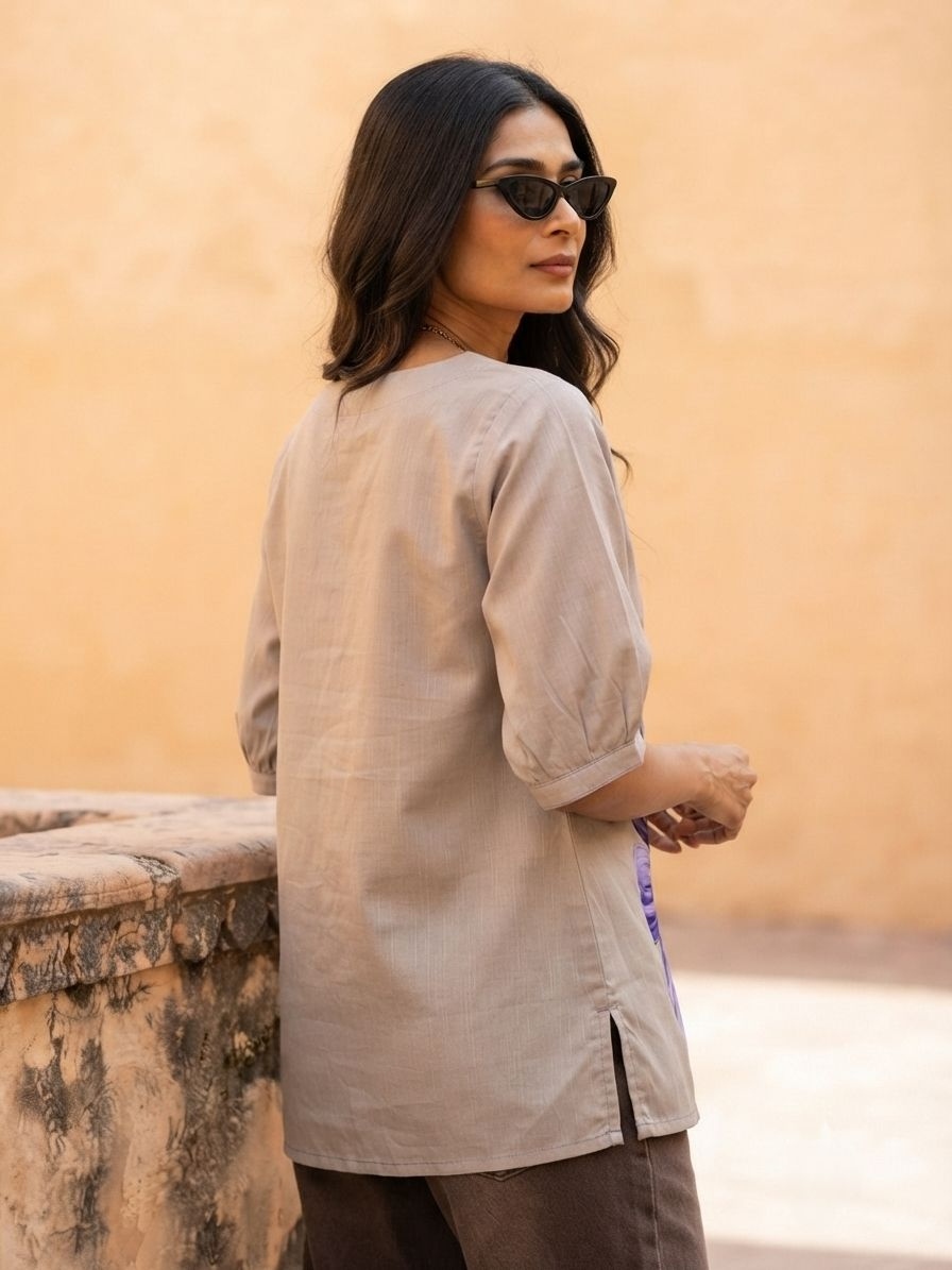 Grey Floral Printed Cotton Slub Short Tunic Top — alternate view