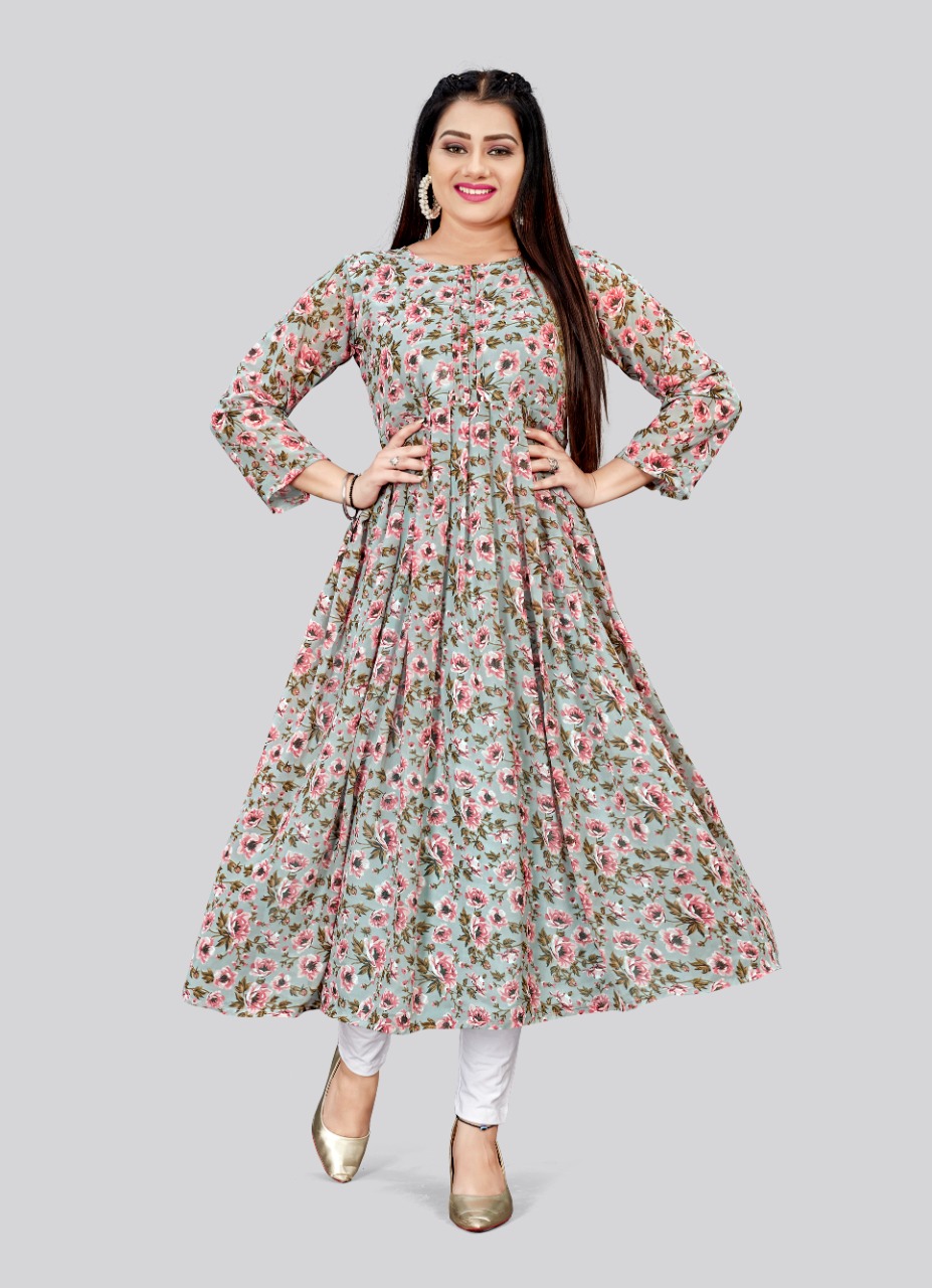 Grey Floral Printed Georgette Flared Anarkali Kurti