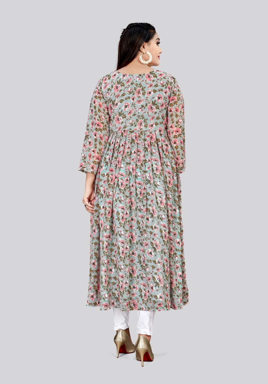 Grey Floral Printed Georgette Flared Anarkali Kurti — alternate view