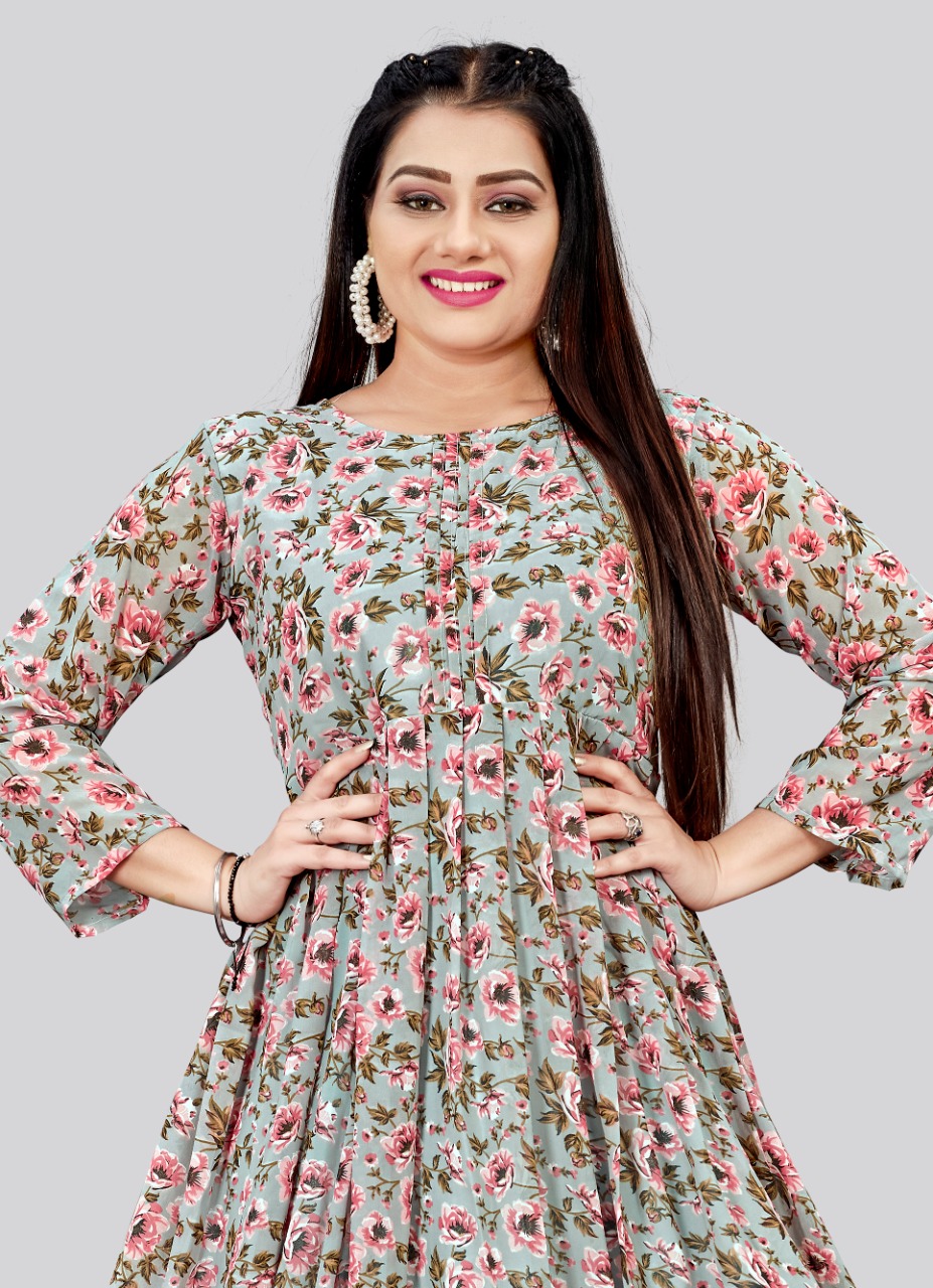 Grey Floral Printed Georgette Flared Anarkali Kurti