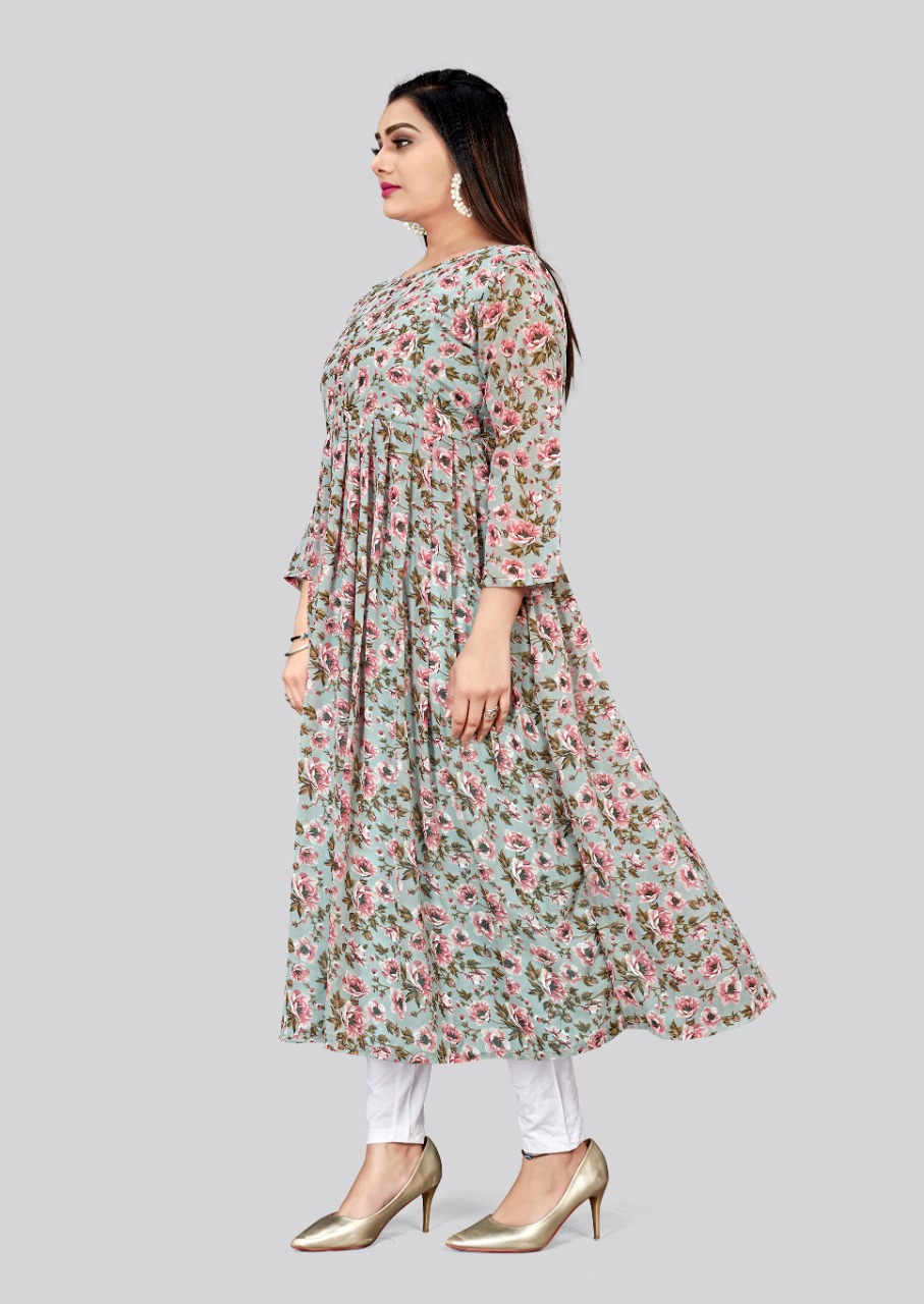 Grey Floral Printed Georgette Flared Anarkali Kurti