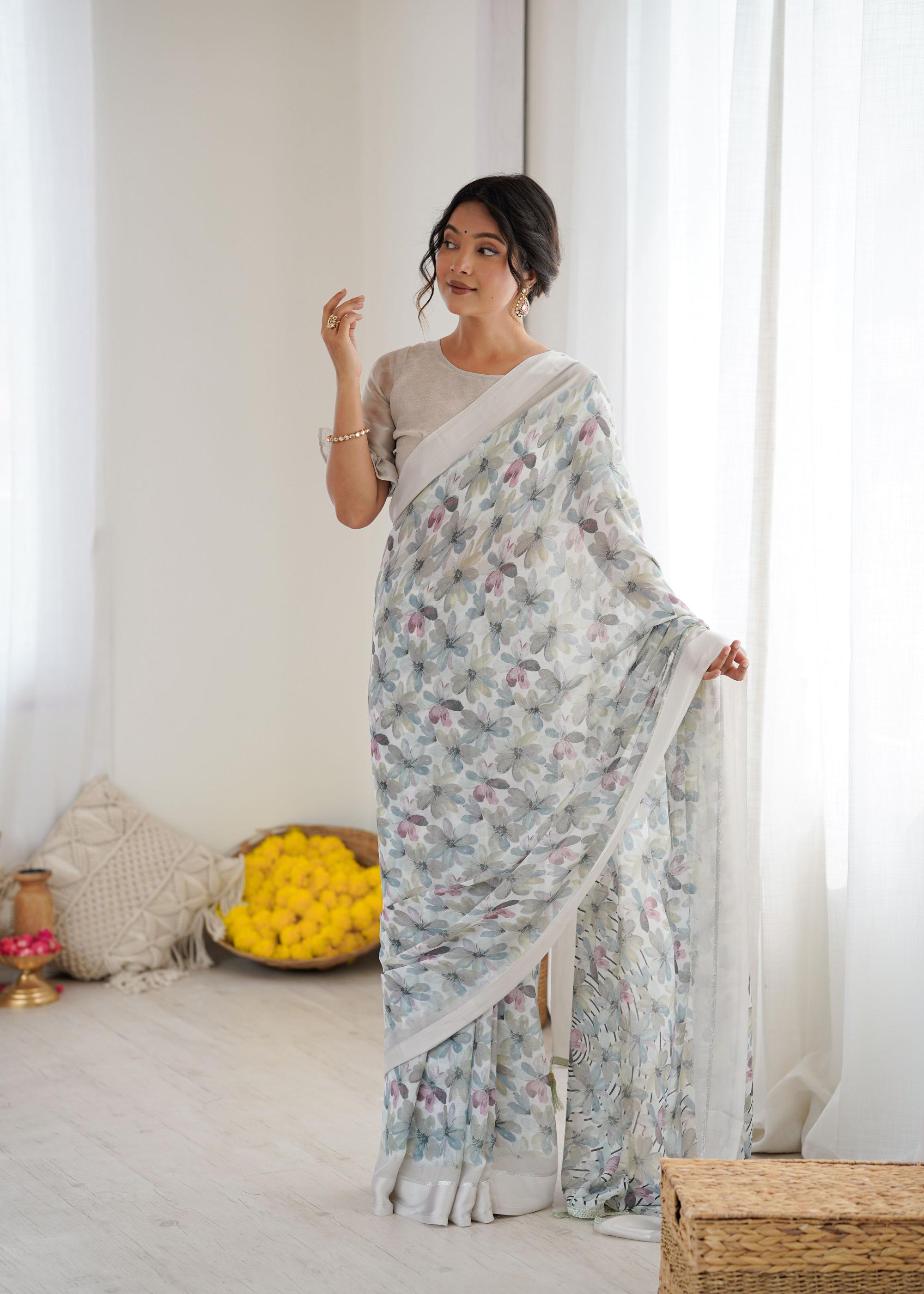 Grey Floral Printed Georgette Saree