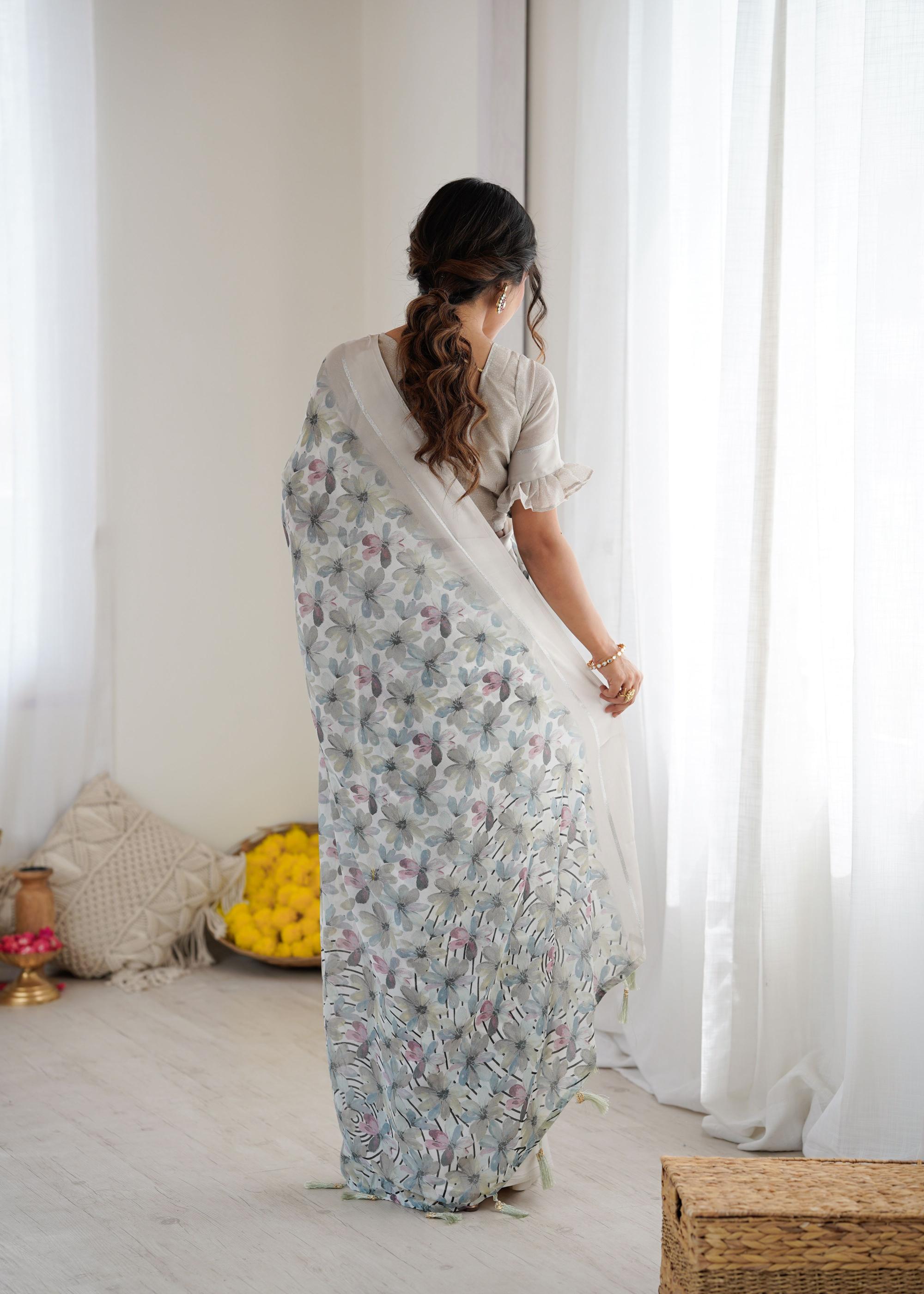 Grey Floral Printed Georgette Saree — alternate view