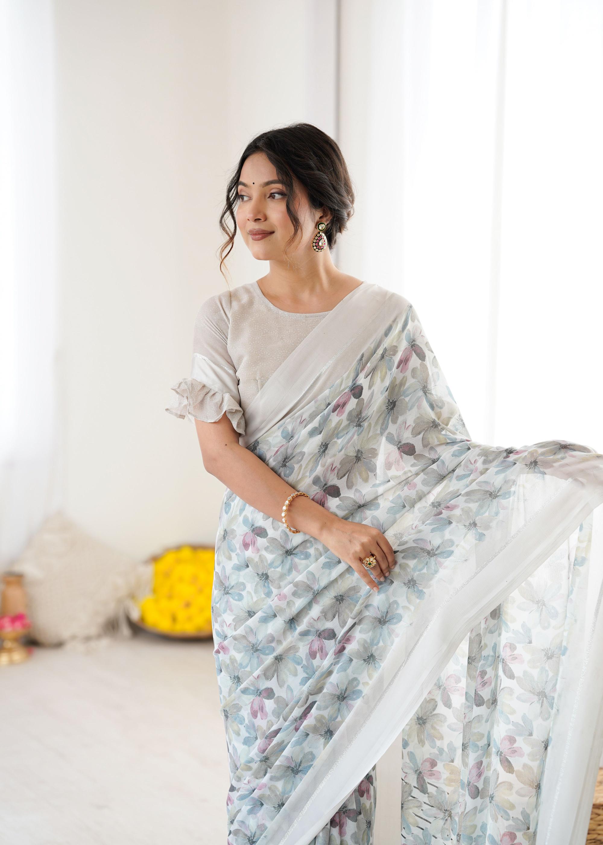 Grey Floral Printed Georgette Saree