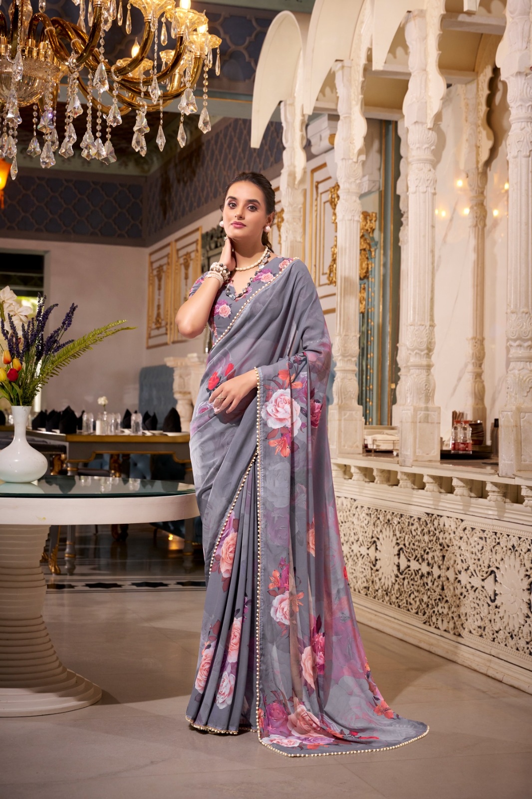 Grey Floral Printed Georgette Saree
