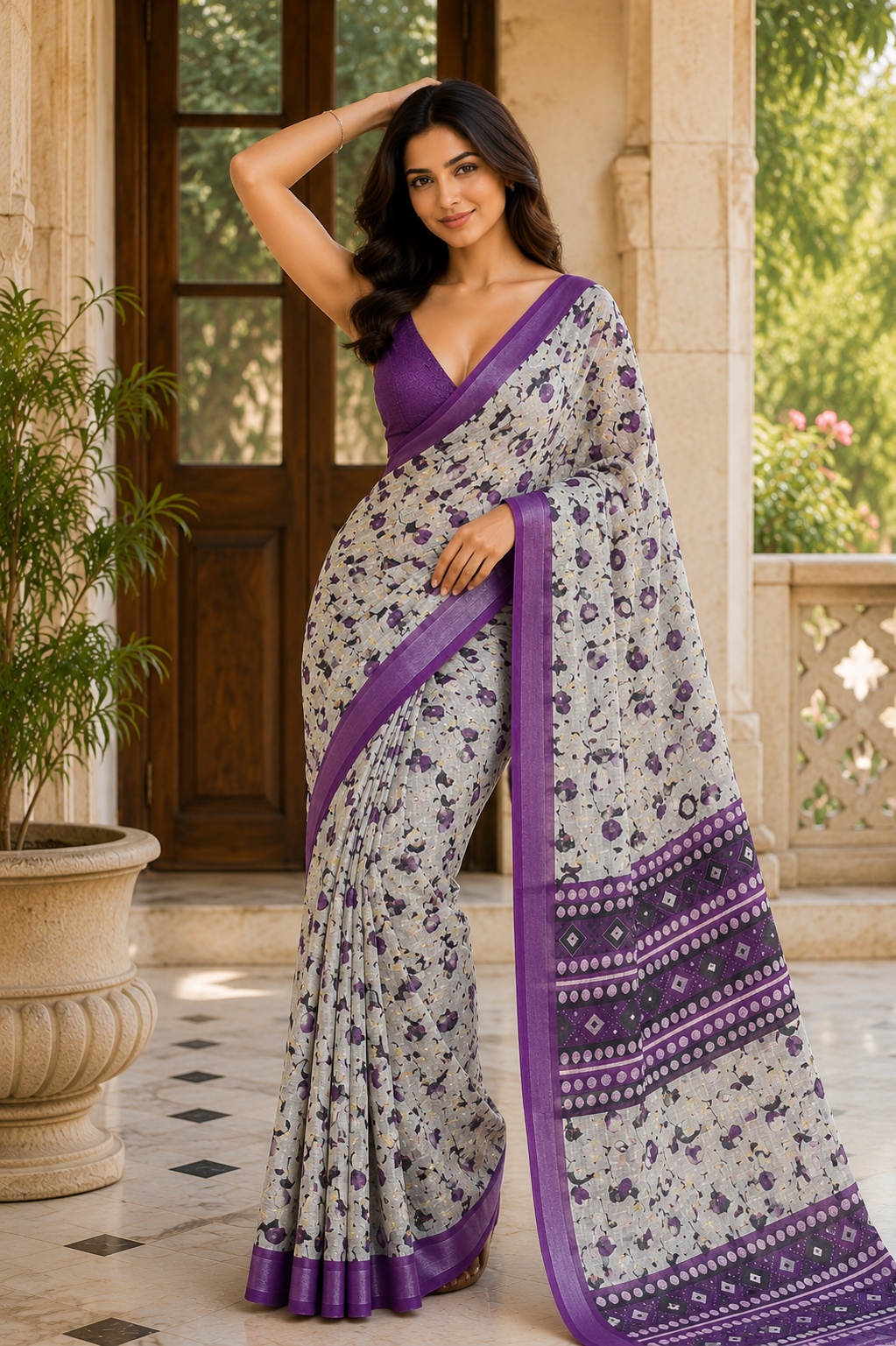 Grey Floral Printed Lichi Silk Saree