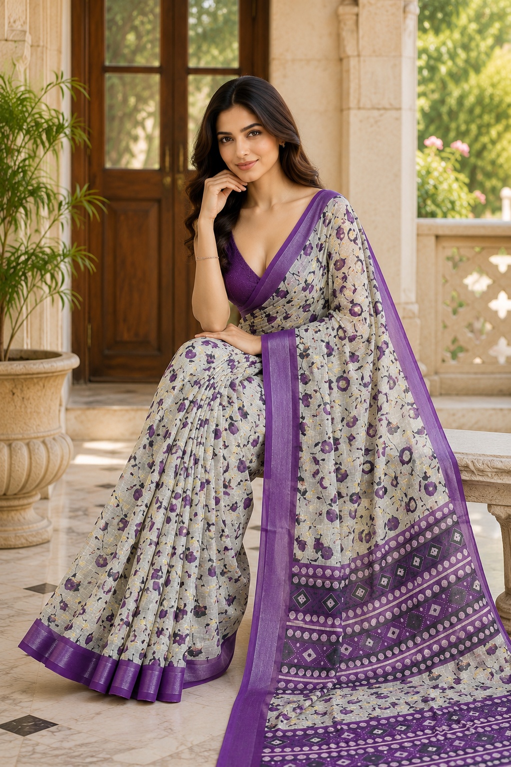 Grey Floral Printed Lichi Silk Saree — alternate view