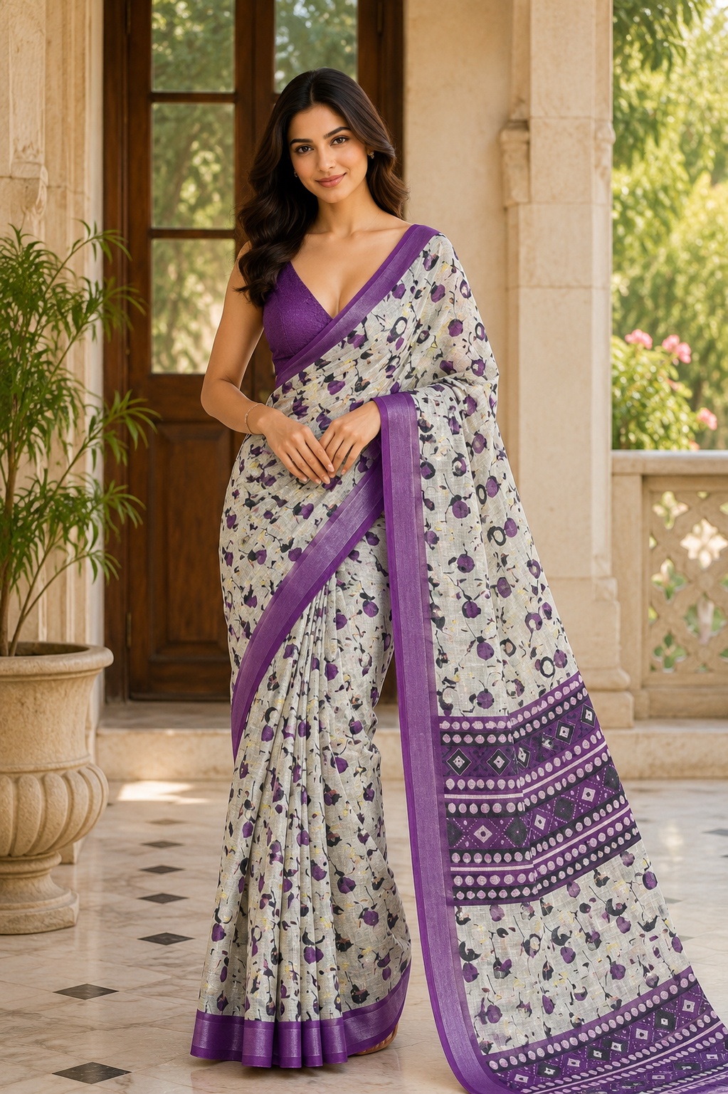 Grey Floral Printed Lichi Silk Saree