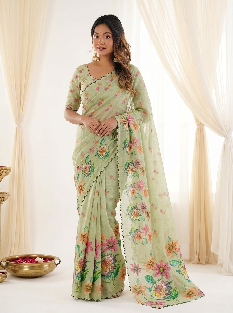 Grey Floral Printed Linen Silk Saree