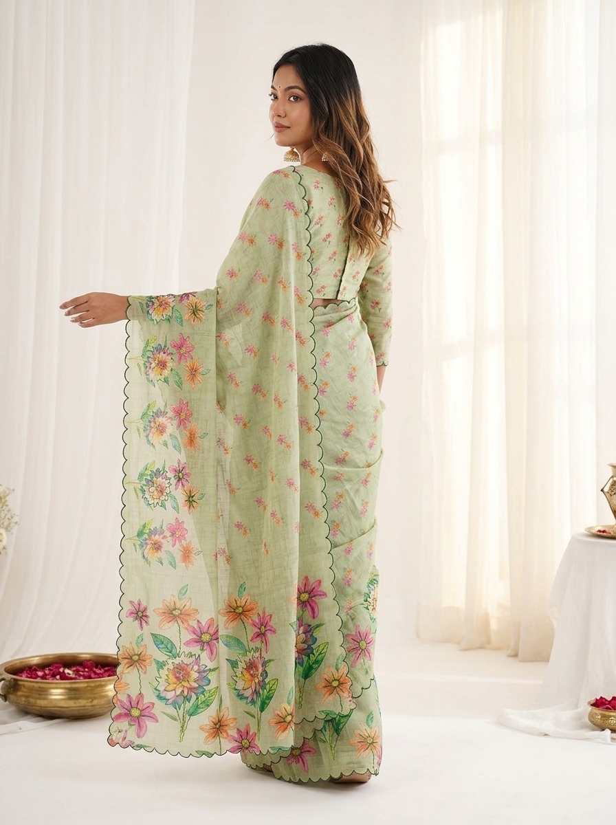 Grey Floral Printed Linen Silk Saree — alternate view