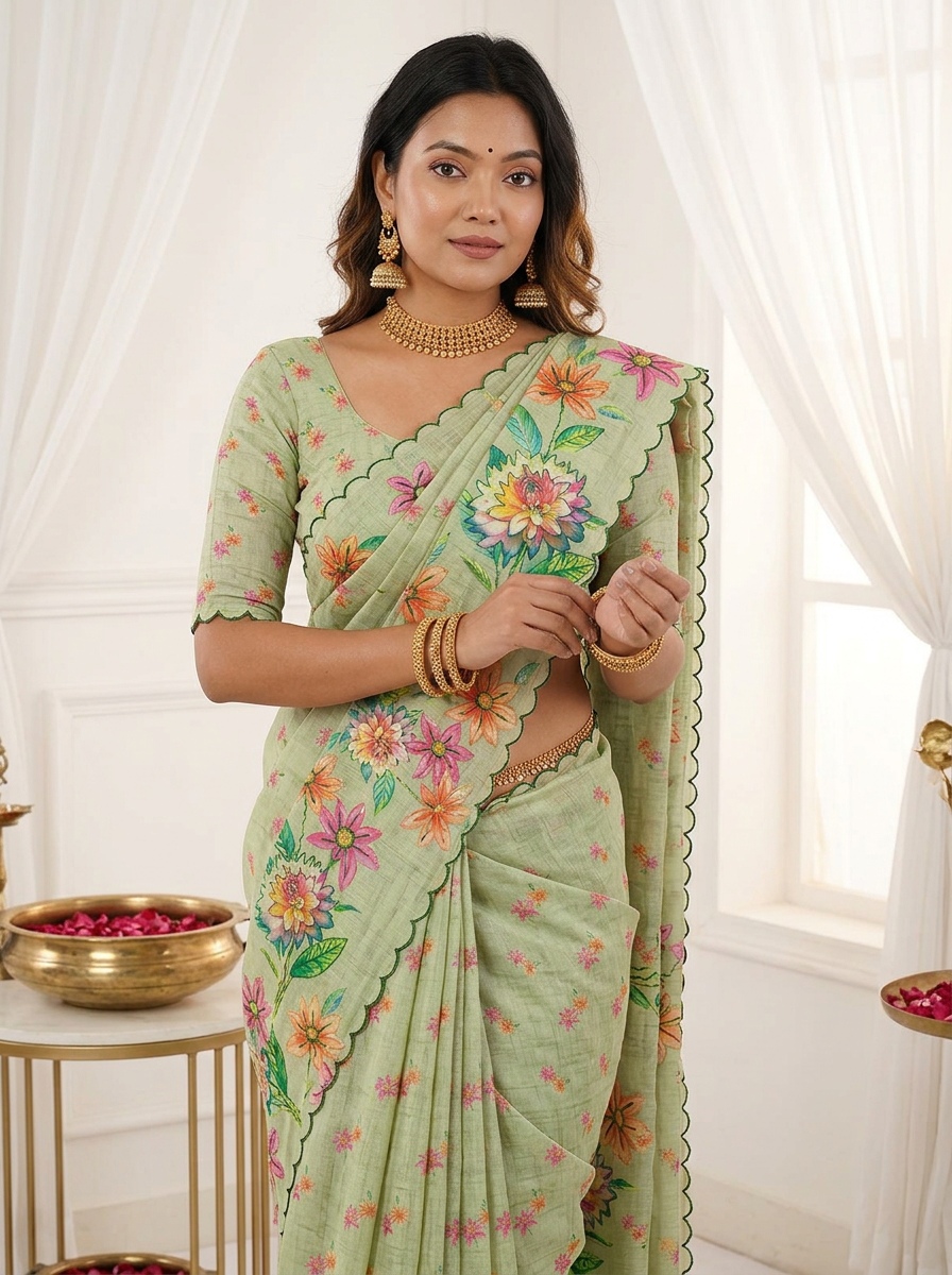 Grey Floral Printed Linen Silk Saree