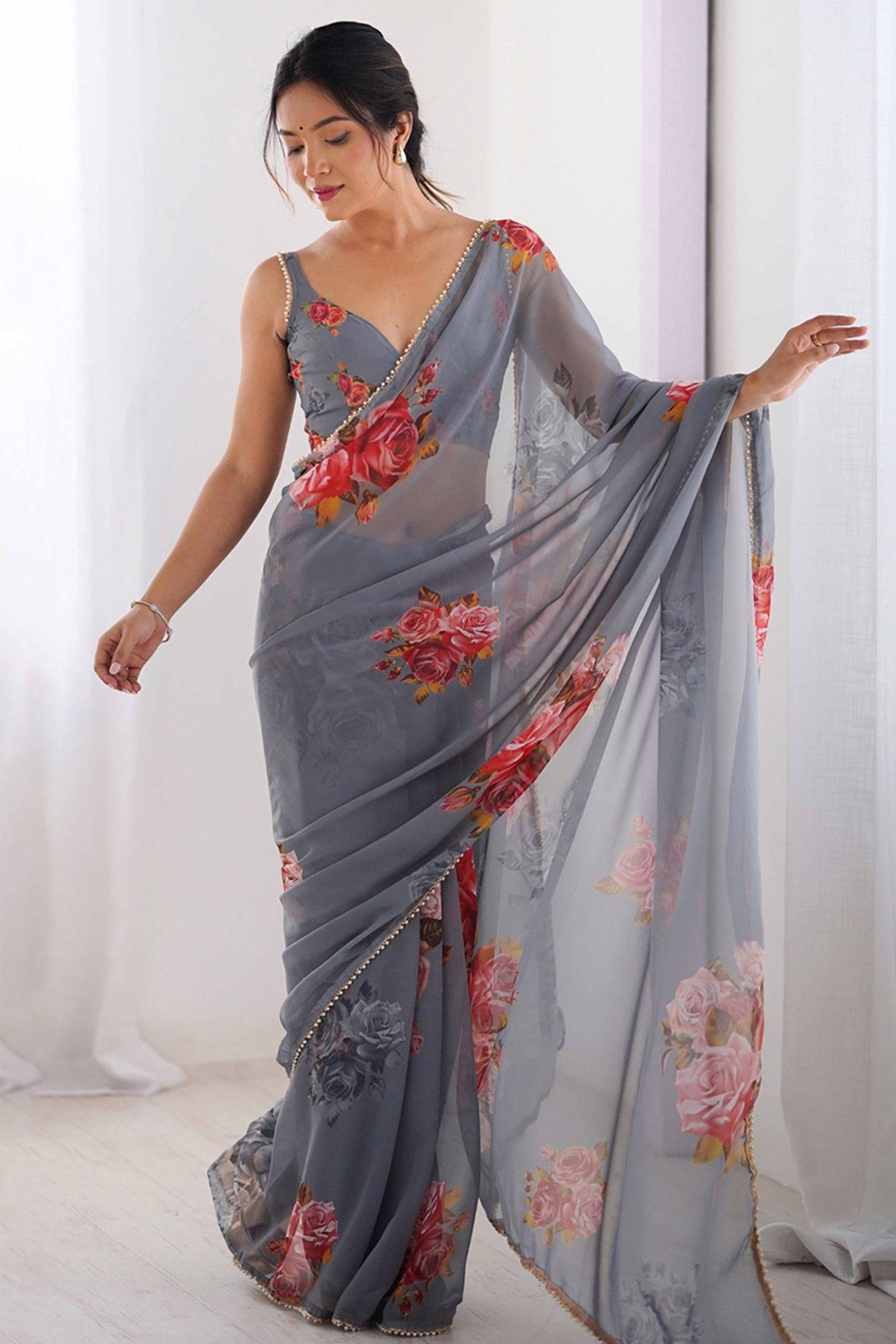Grey Floral Printed Moti Lace Work Georgette Saree — alternate view