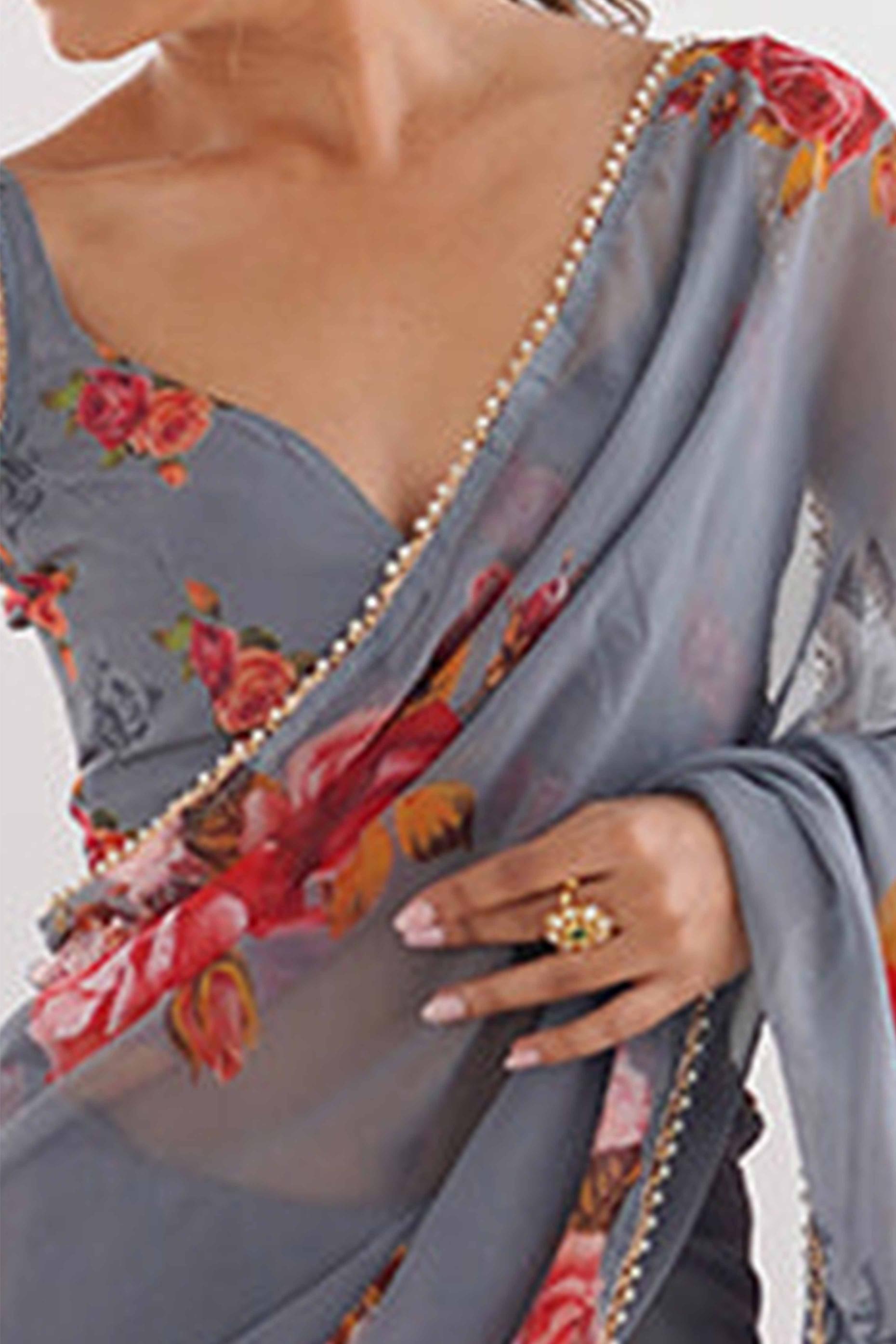 Grey Floral Printed Moti Lace Work Georgette Saree
