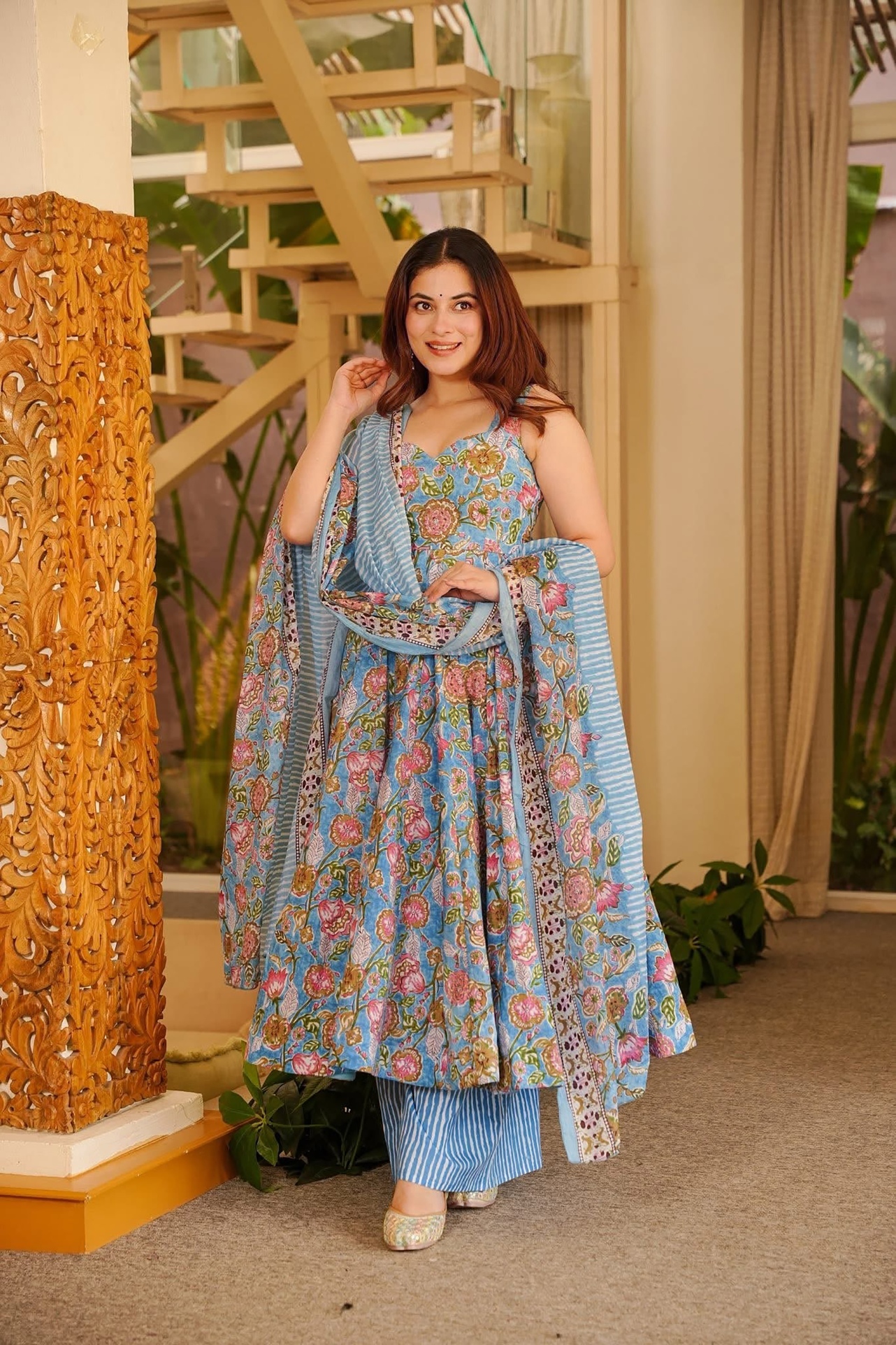 Grey Floral Printed Muslin Anarkali Suit