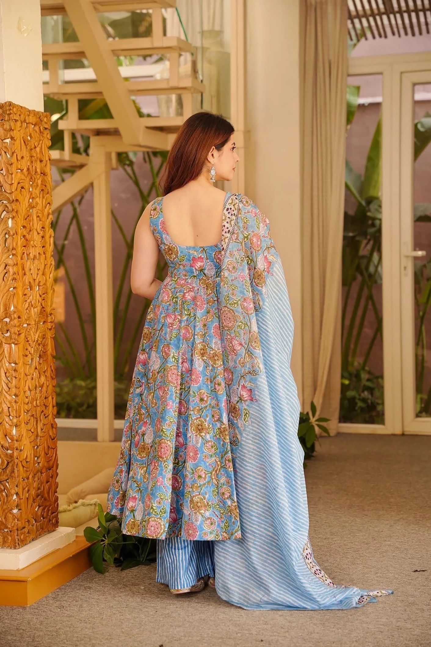 Grey Floral Printed Muslin Anarkali Suit — alternate view