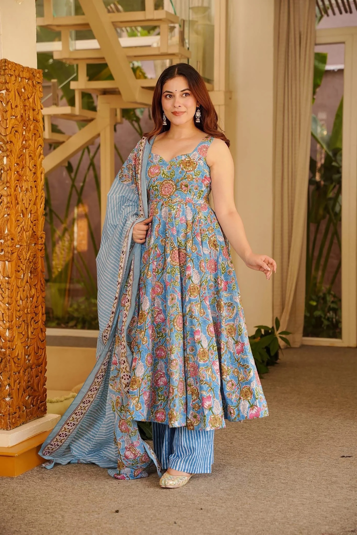Grey Floral Printed Muslin Anarkali Suit