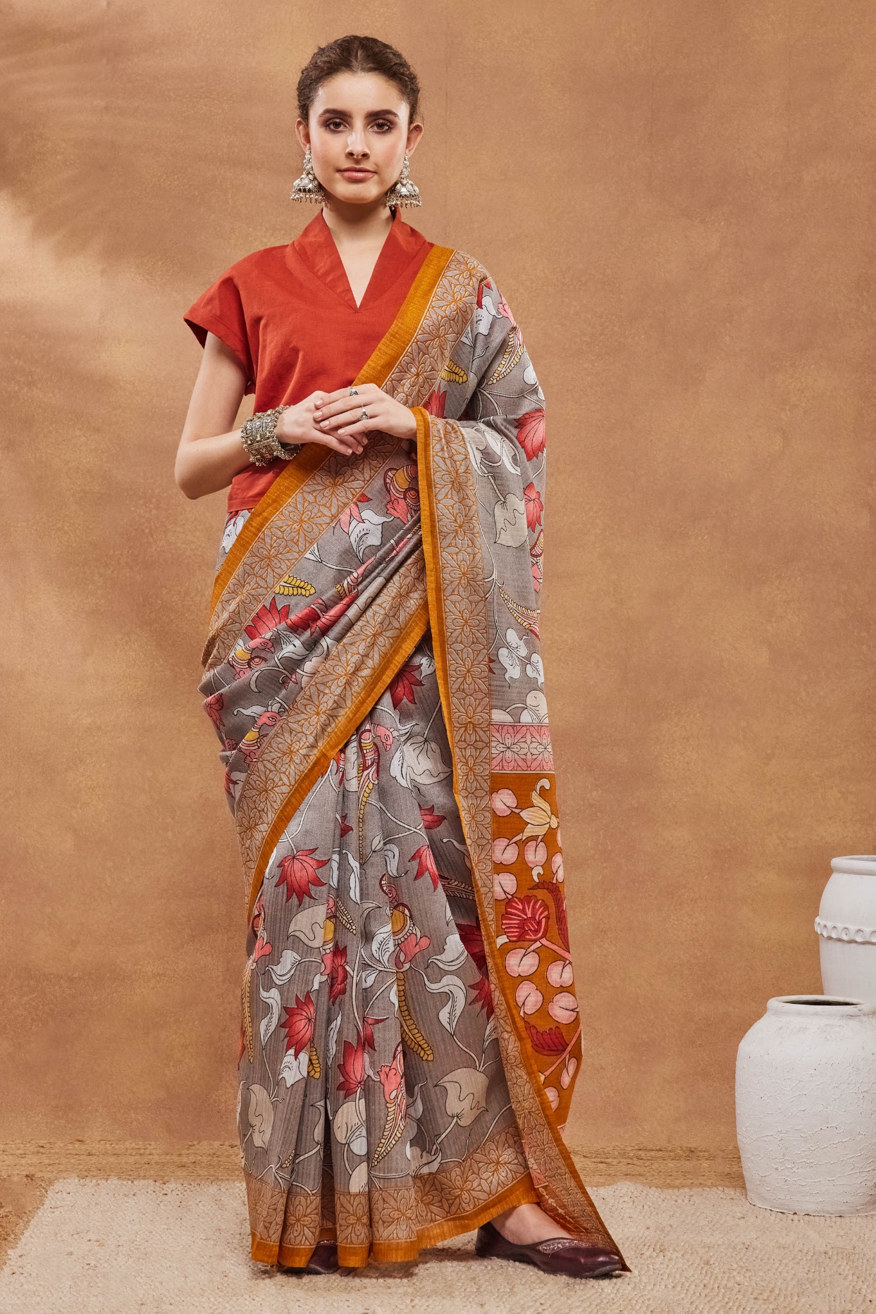 Grey Floral Printed Silk Blend Saree