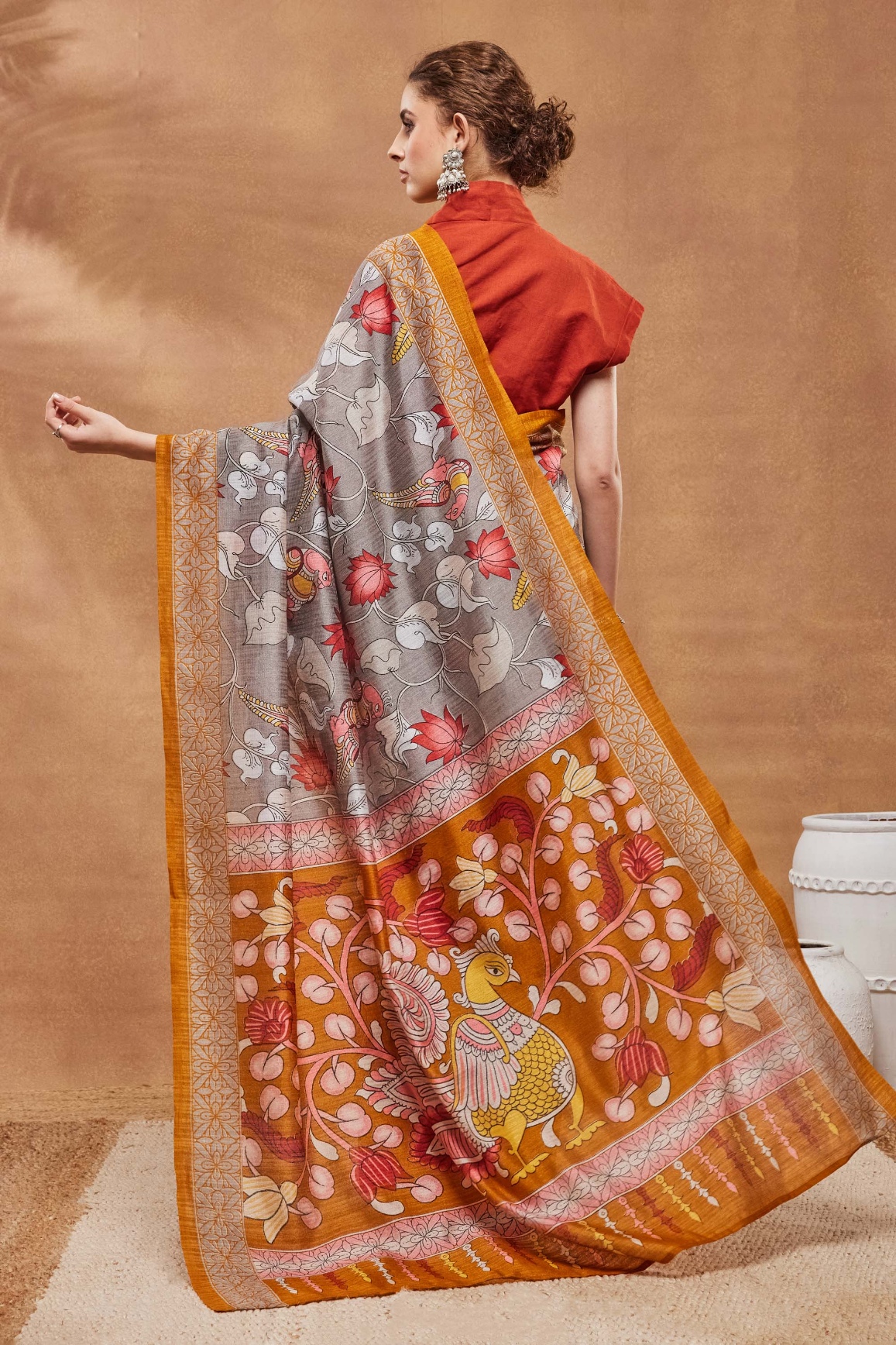 Grey Floral Printed Silk Blend Saree — alternate view
