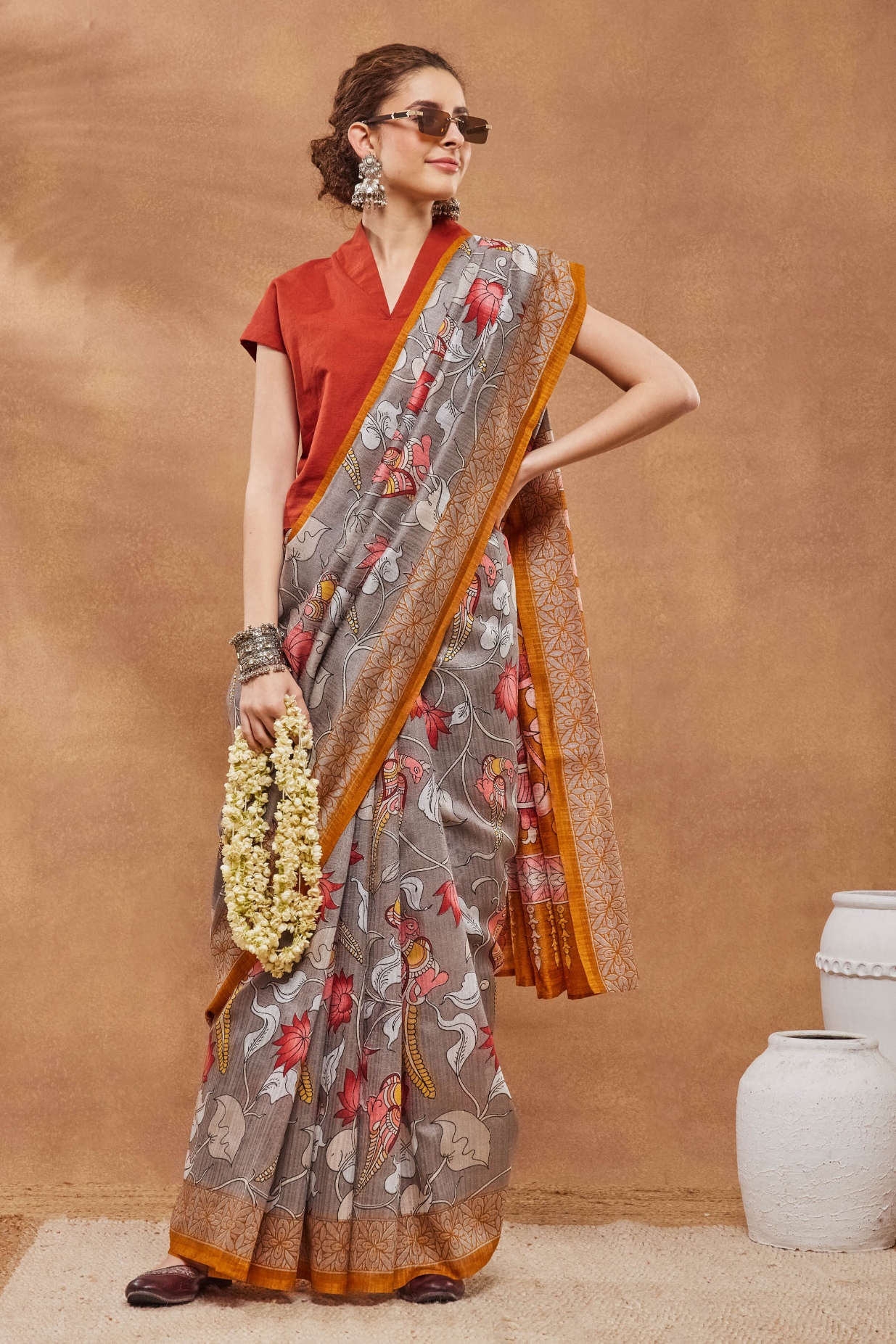 Grey Floral Printed Silk Blend Saree