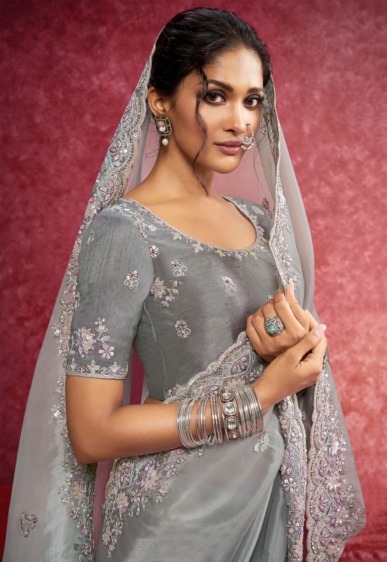 Grey Floral Siya Silk Saree — alternate view