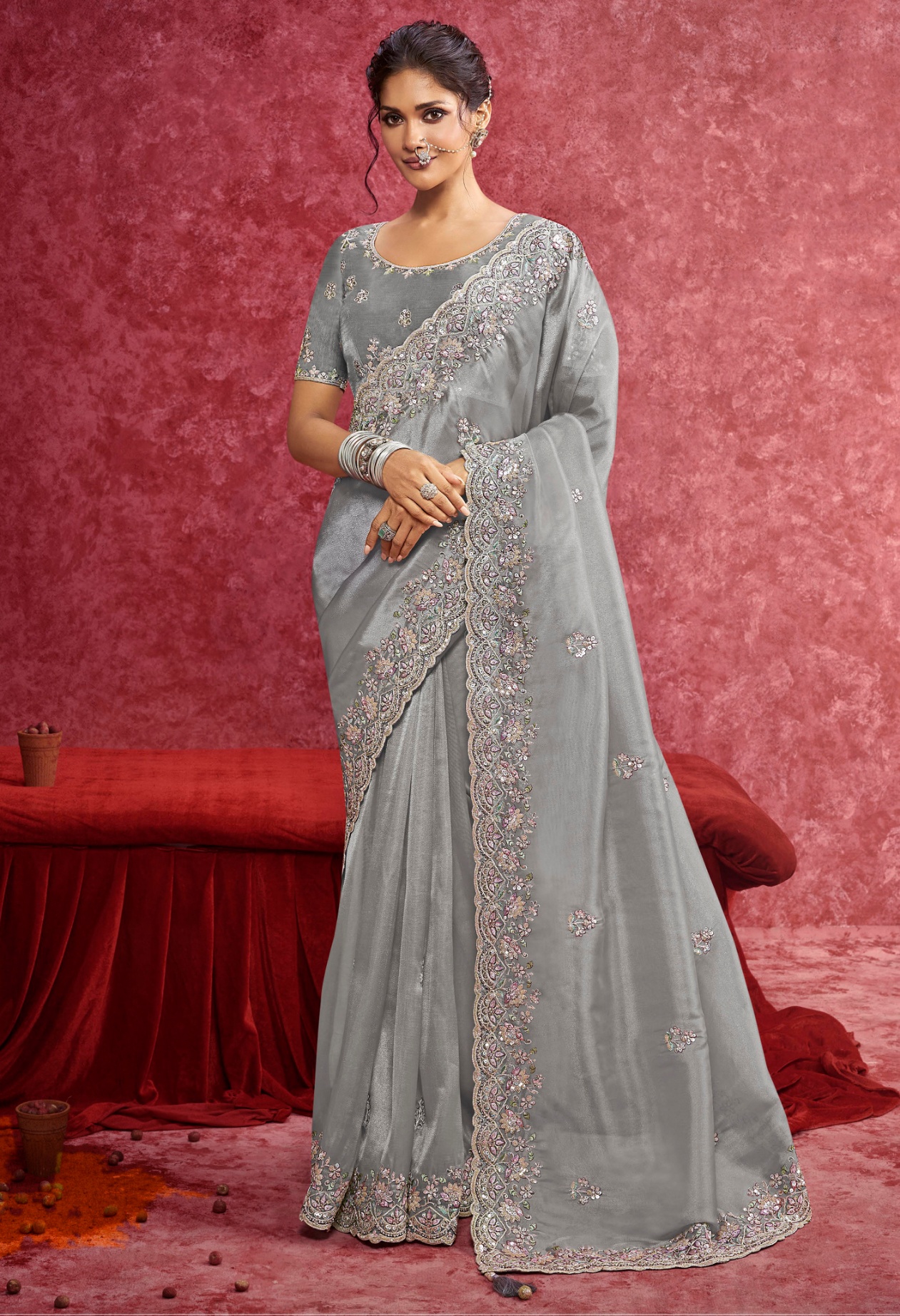 Grey Floral Siya Silk Saree