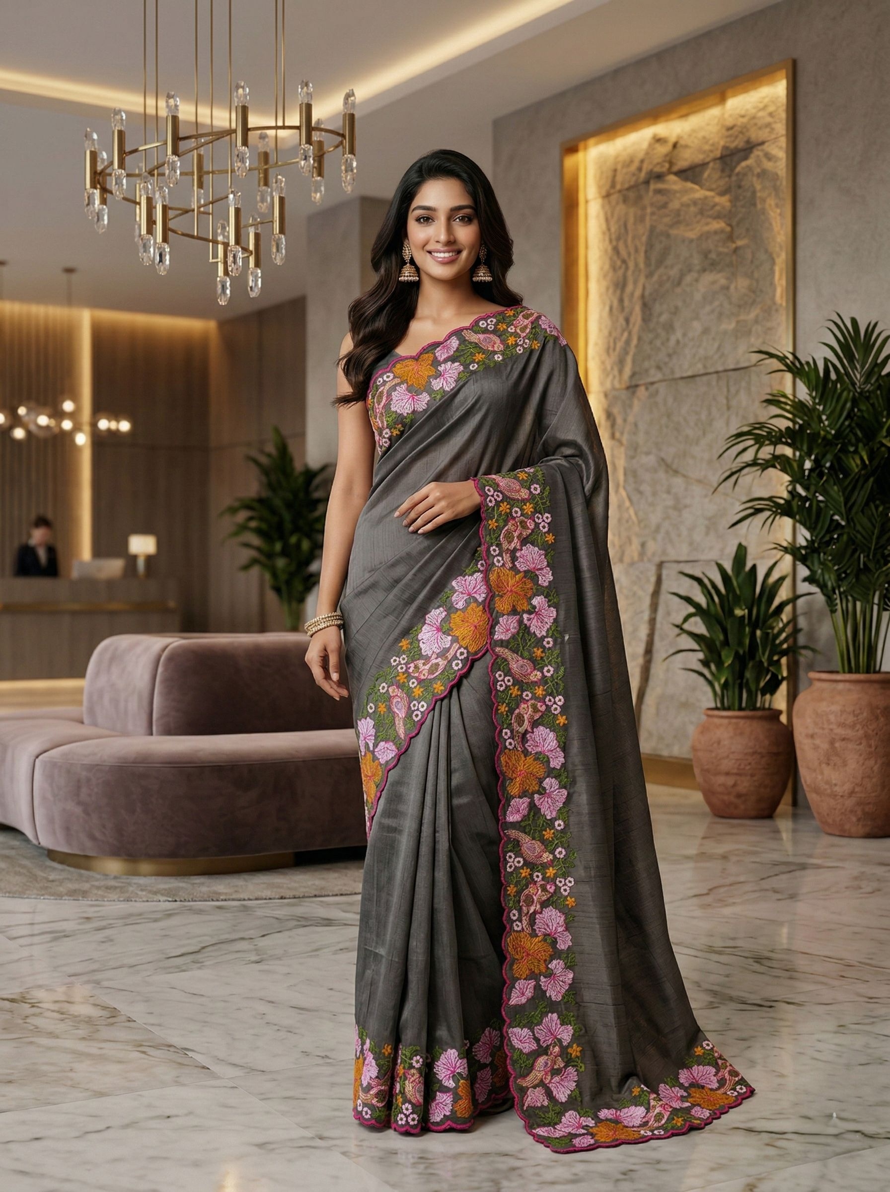 Grey Floral Thread Embroidery Manipuri Silk Saree