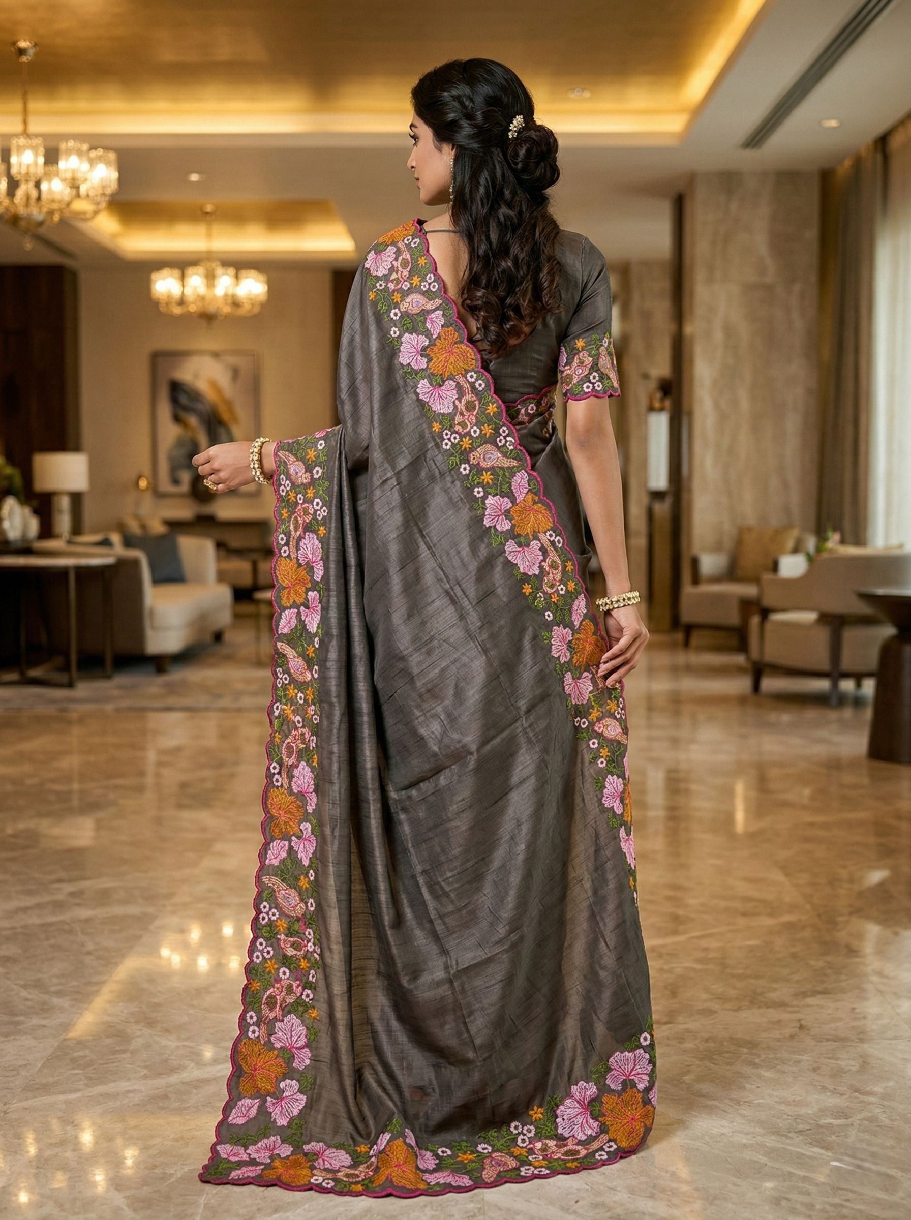 Grey Floral Thread Embroidery Manipuri Silk Saree — alternate view