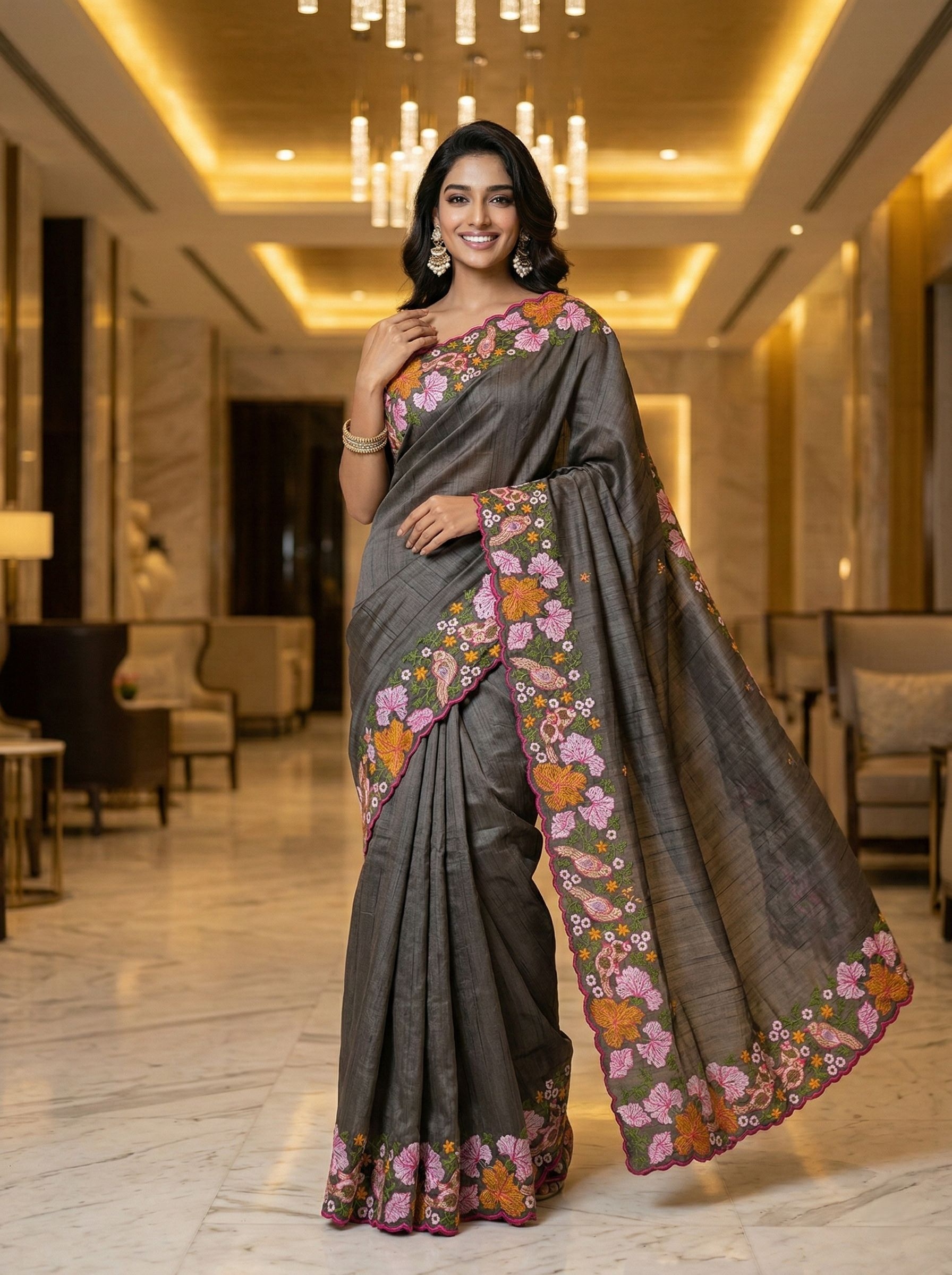 Grey Floral Thread Embroidery Manipuri Silk Saree