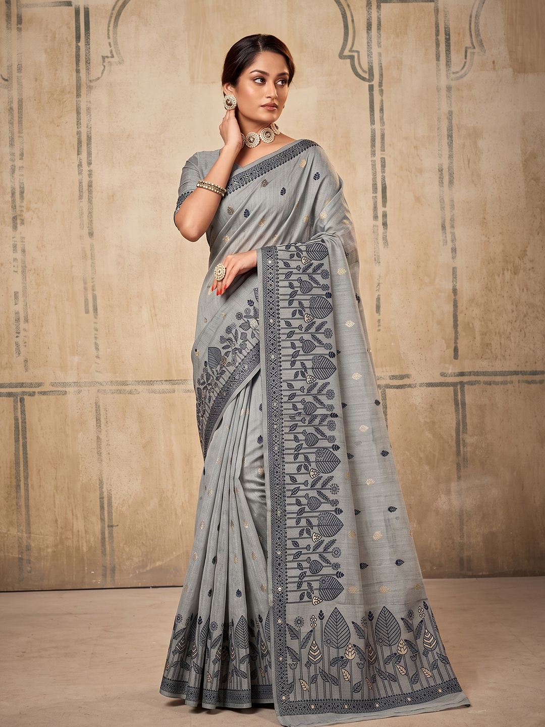 Grey Floral Weaving Cotton Designer Saree