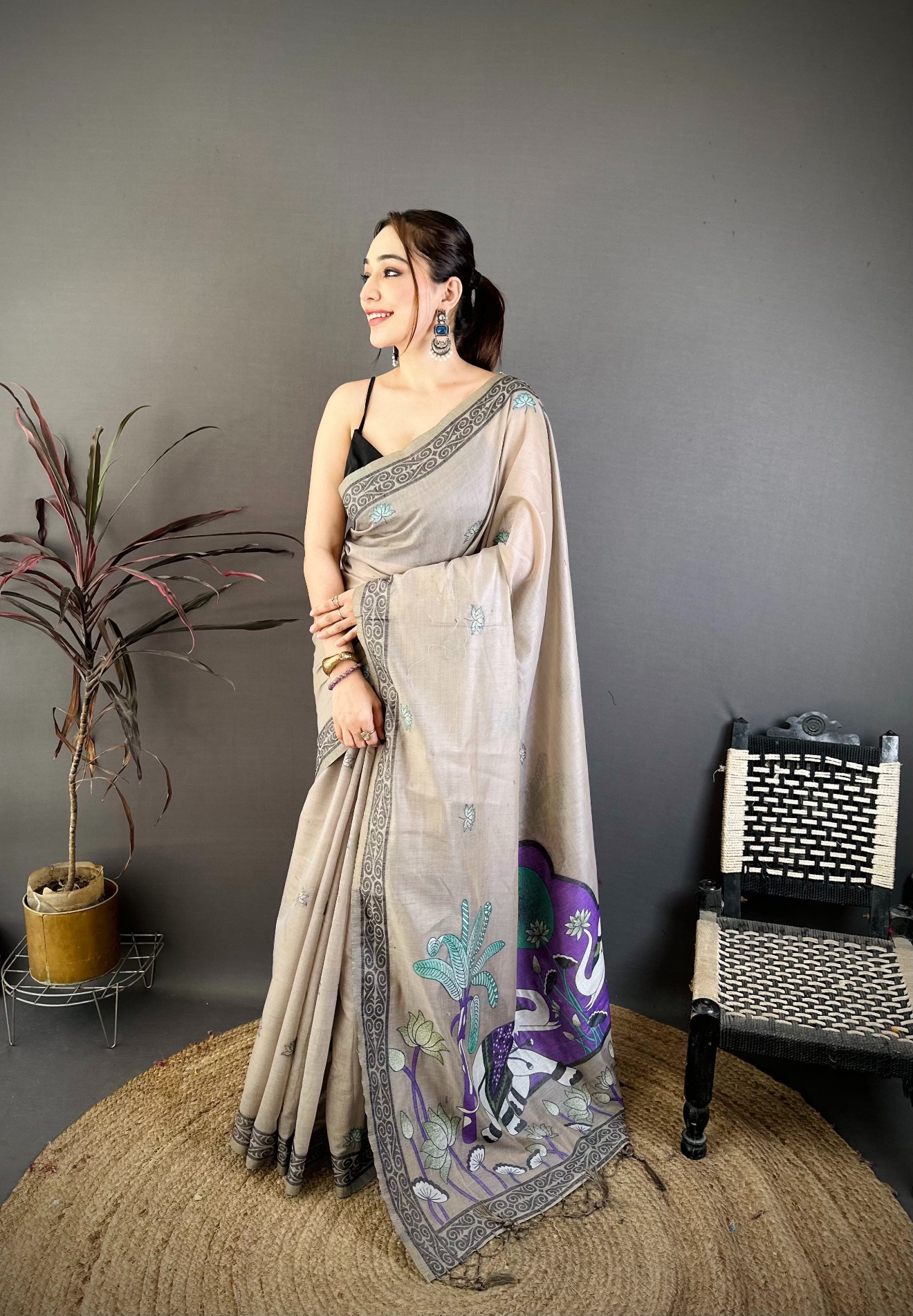 Grey Floral Weaving Muga Cotton Saree