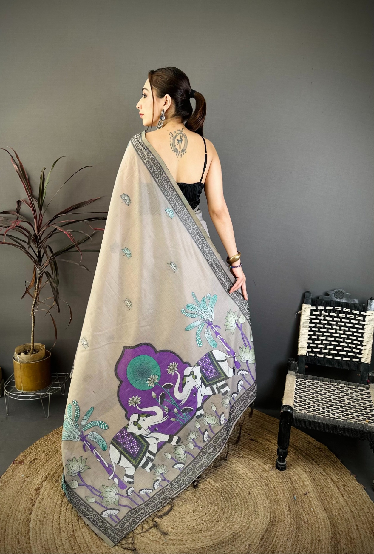 Grey Floral Weaving Muga Cotton Saree