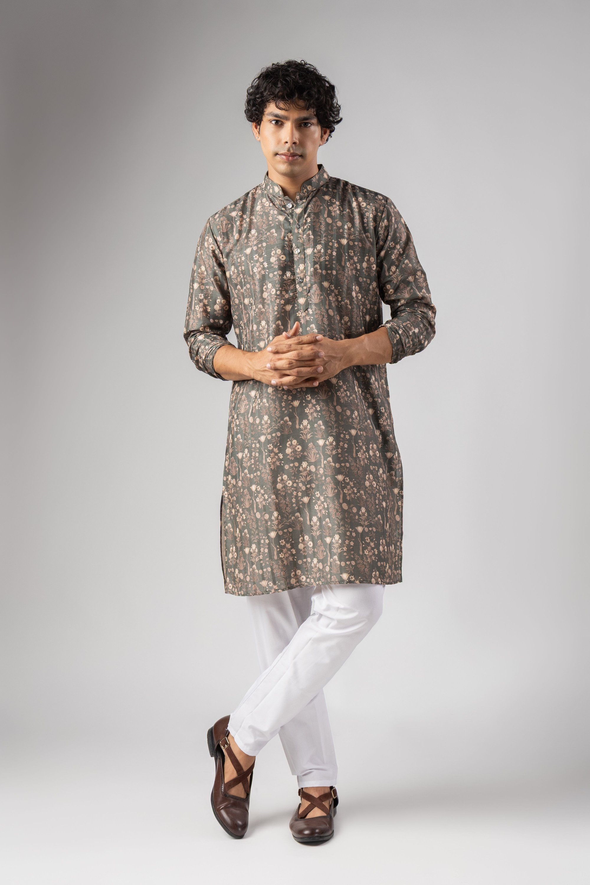 Grey Floral Woven Art Silk Kurta Pyjama