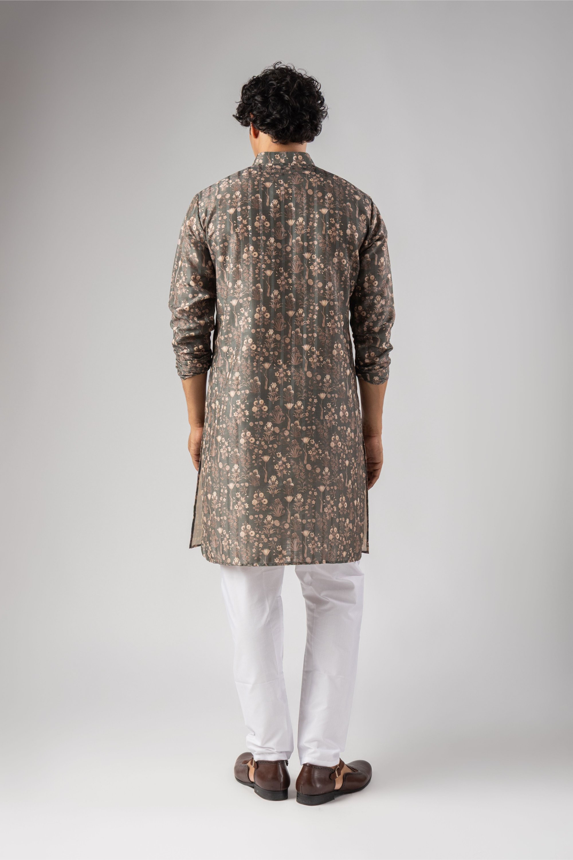 Grey Floral Woven Art Silk Kurta Pyjama — alternate view